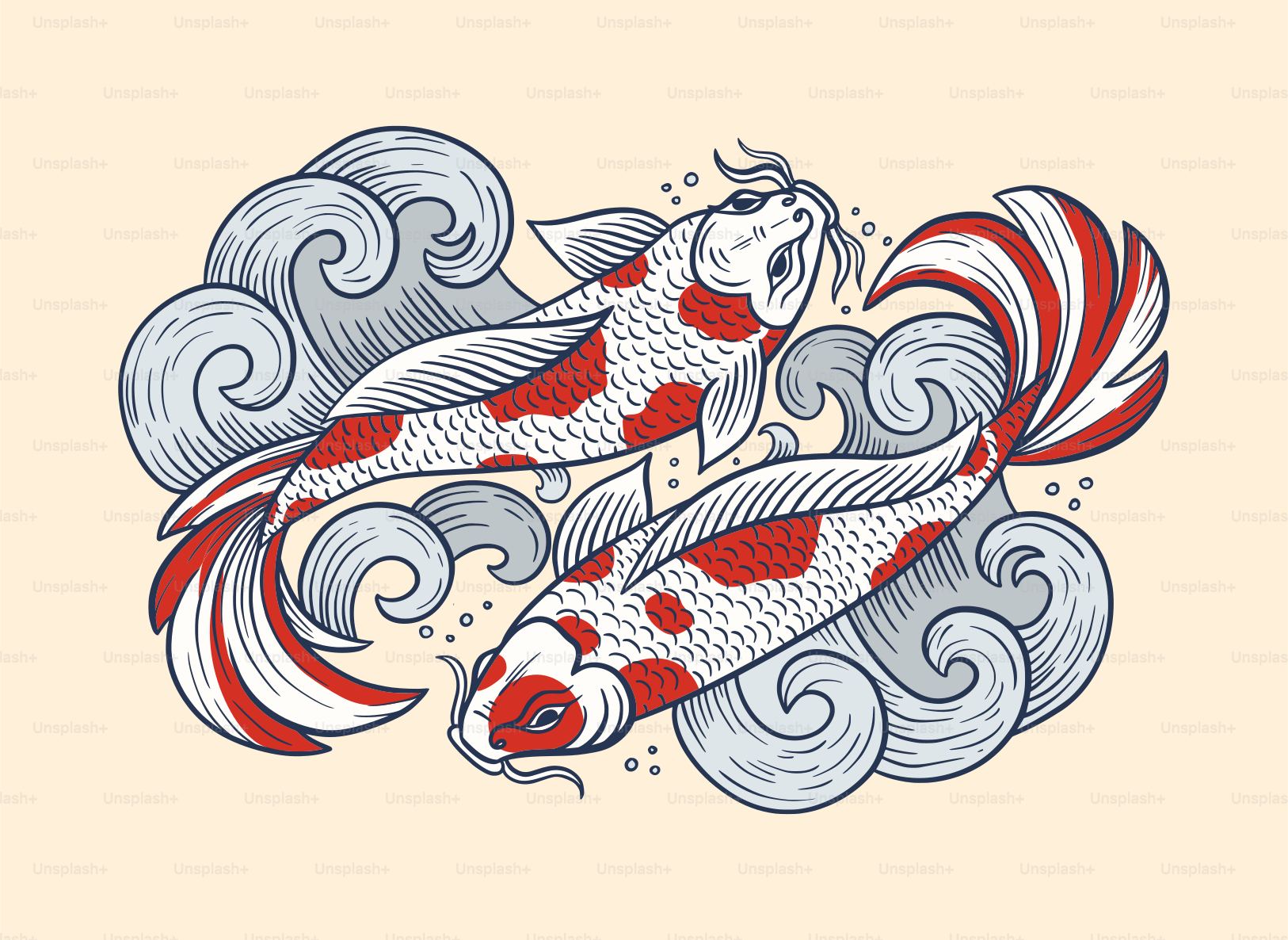Two koi fish swimming amongst stylized waves