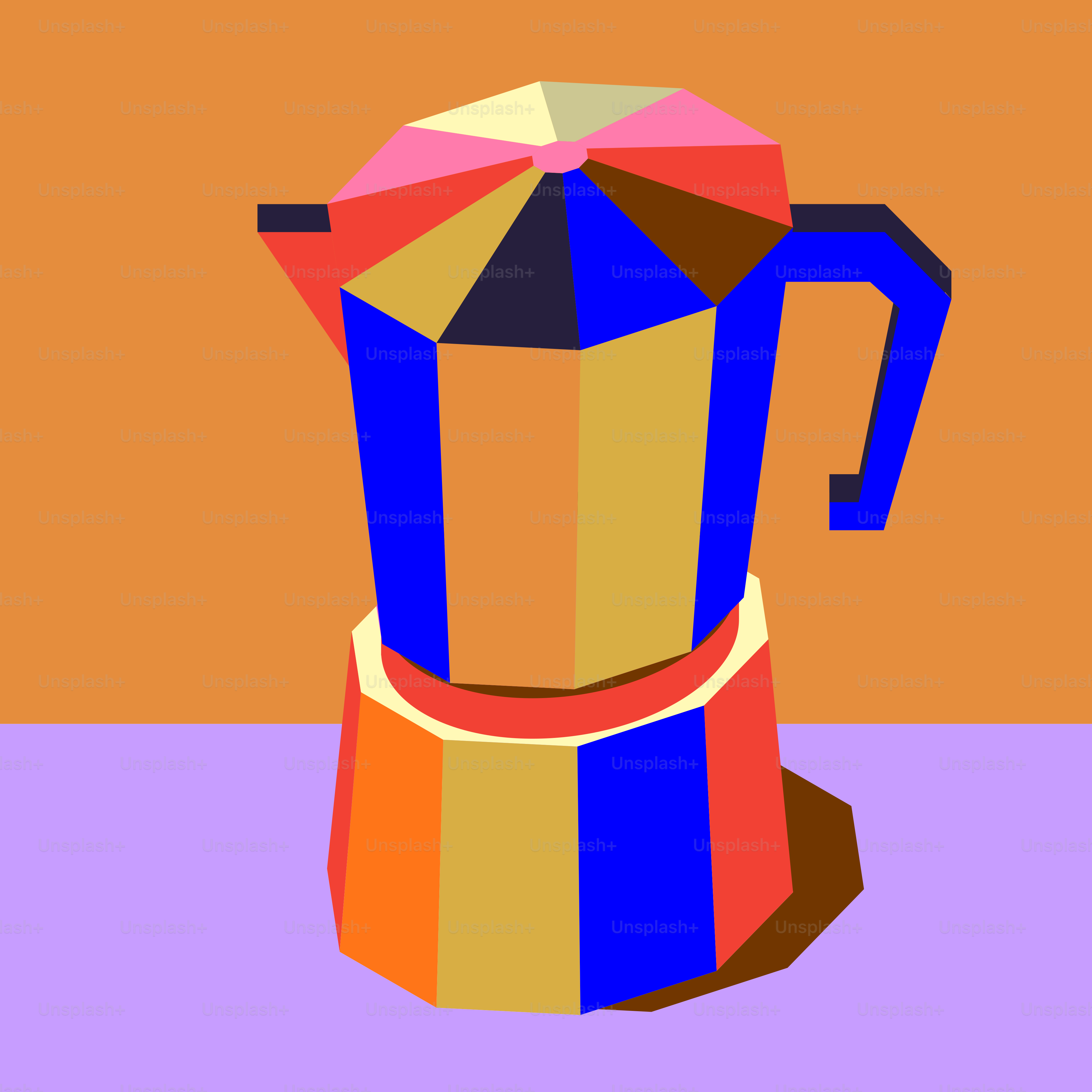 Une cafetière moka géométrique colorée sur une surface violette