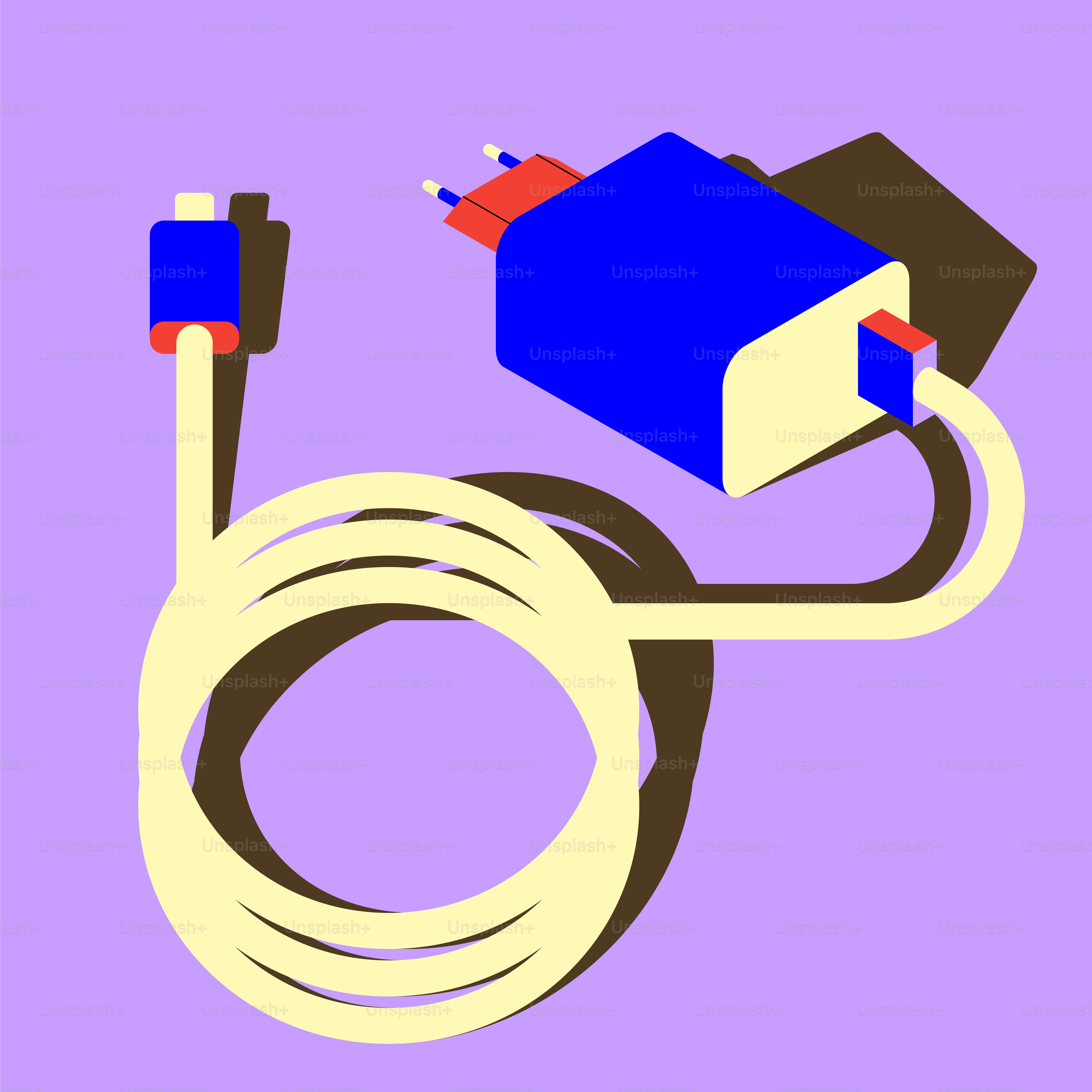 Un chargeur bleu et jaune avec un câble enroulé