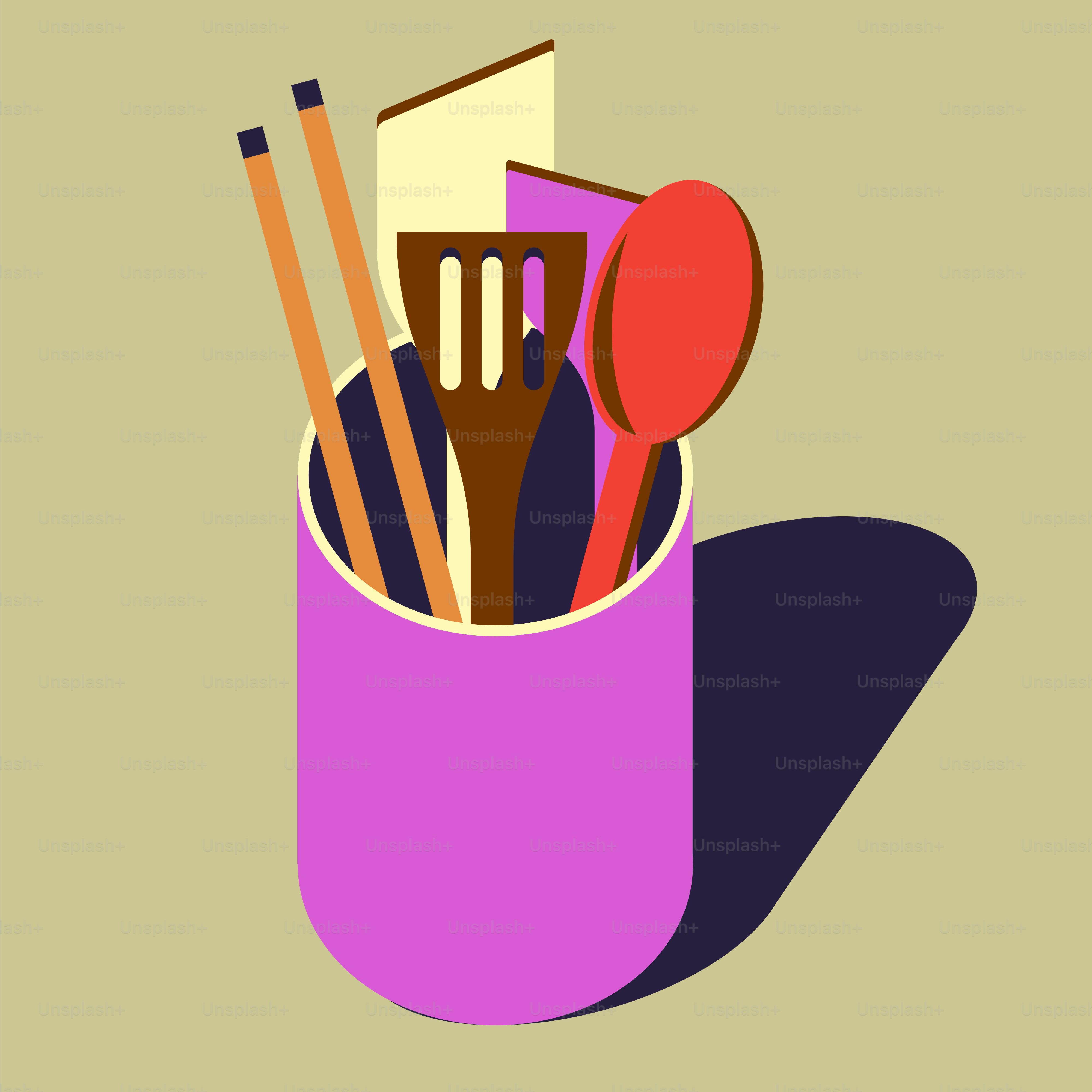 Kitchen utensils in a purple holder with a shadow