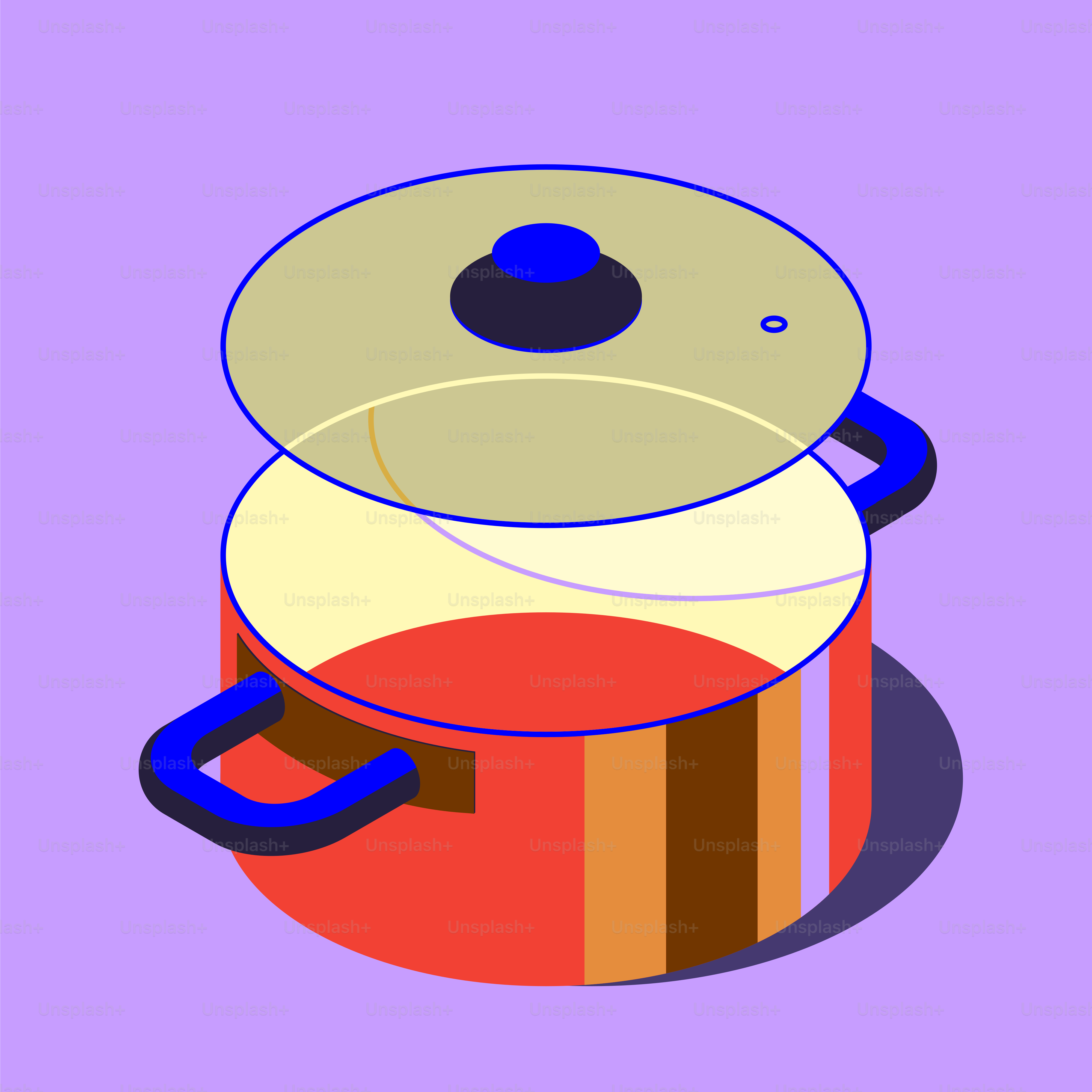 Red cooking pot with glass lid on purple background