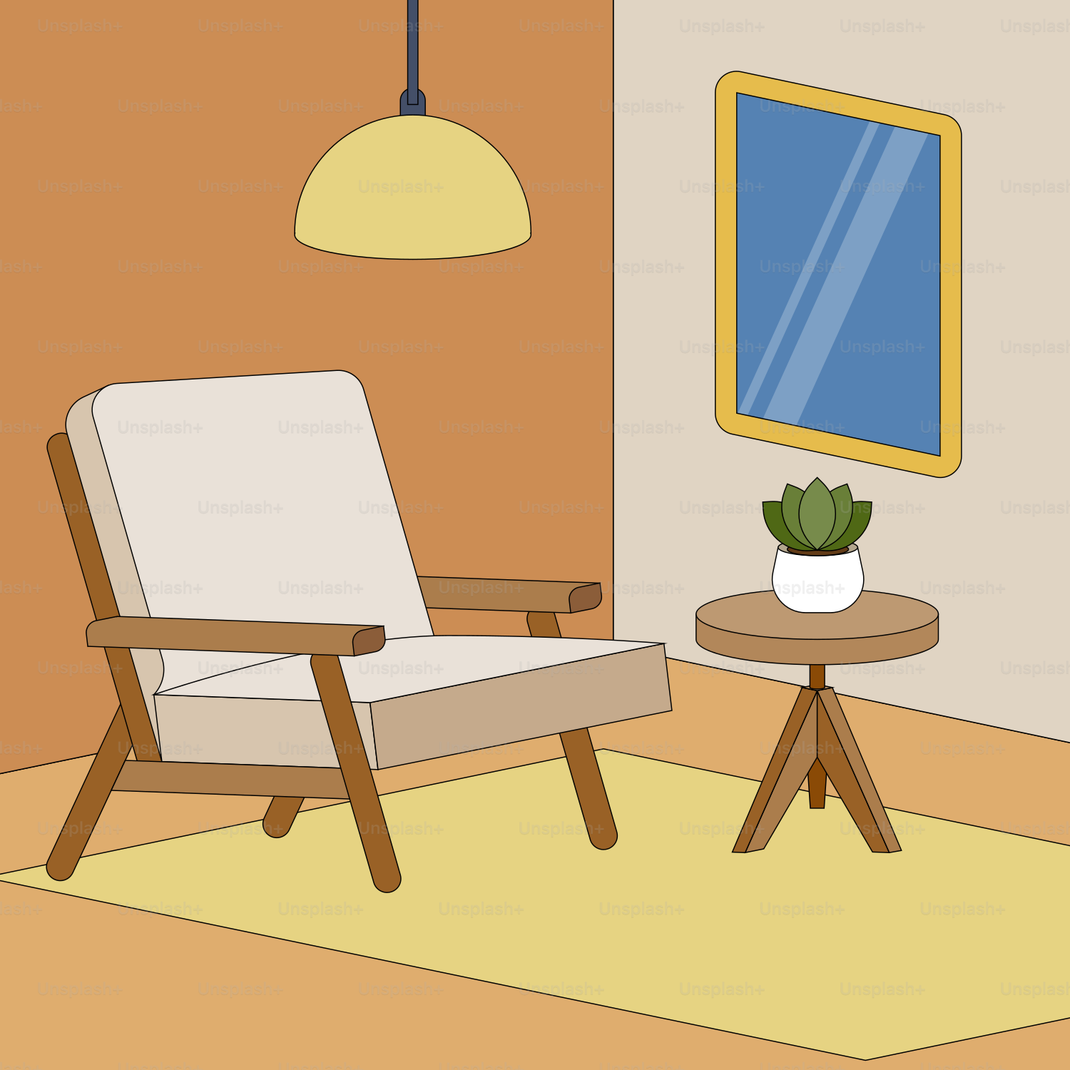 A chair, table, mirror, and plant in a room.