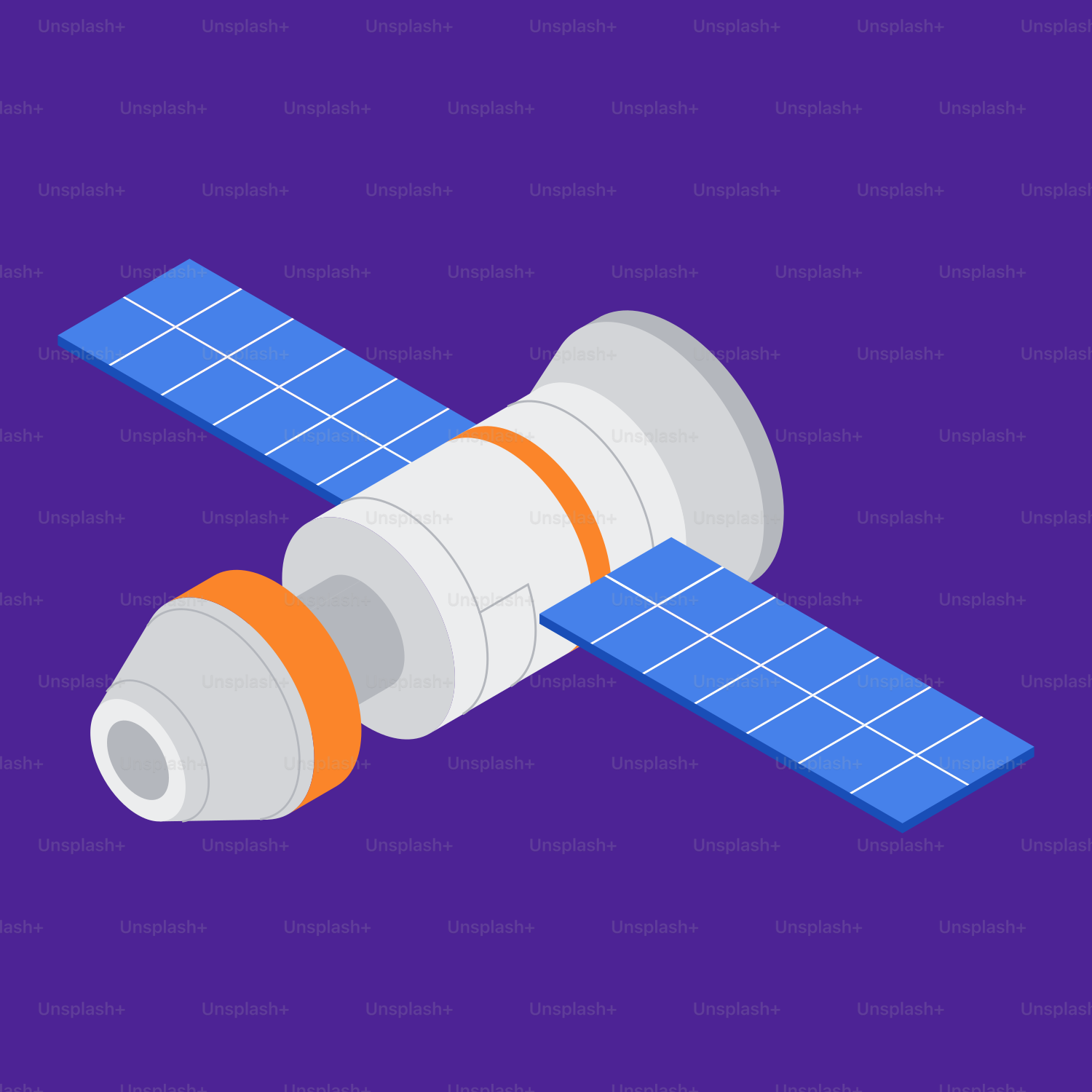 A satellite with solar panels on purple background