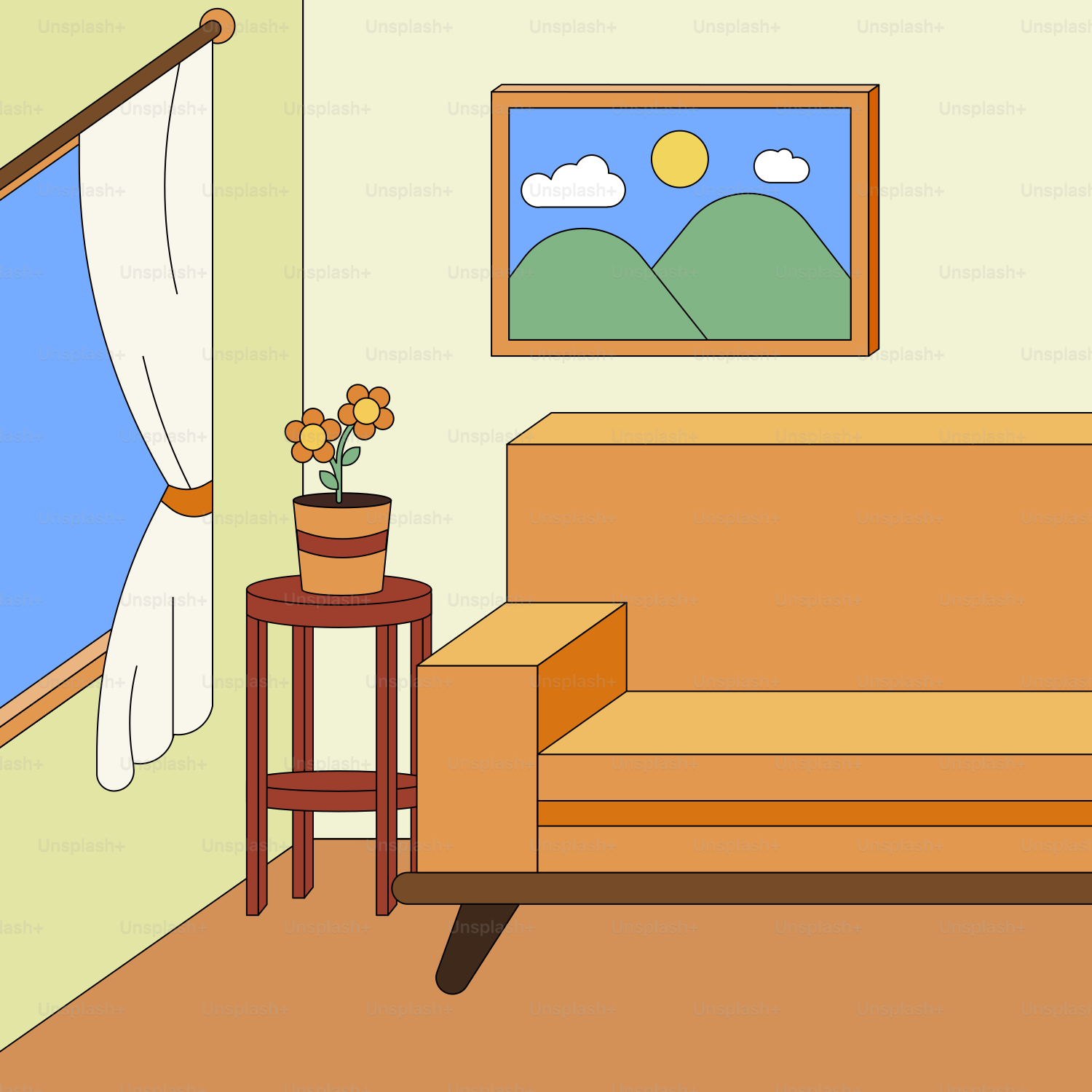 Living room with couch, plant, and window view.