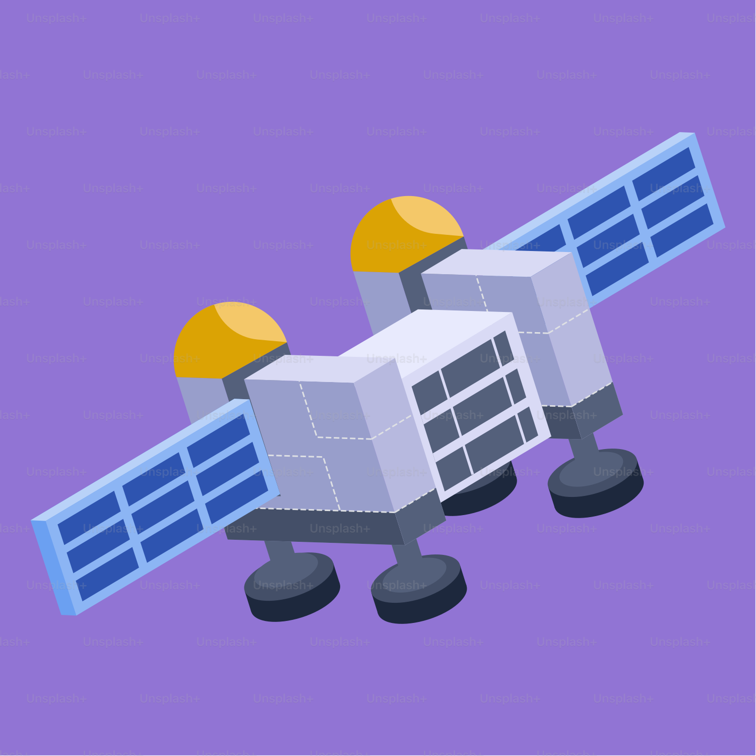 A cartoon satellite with solar panels on purple background