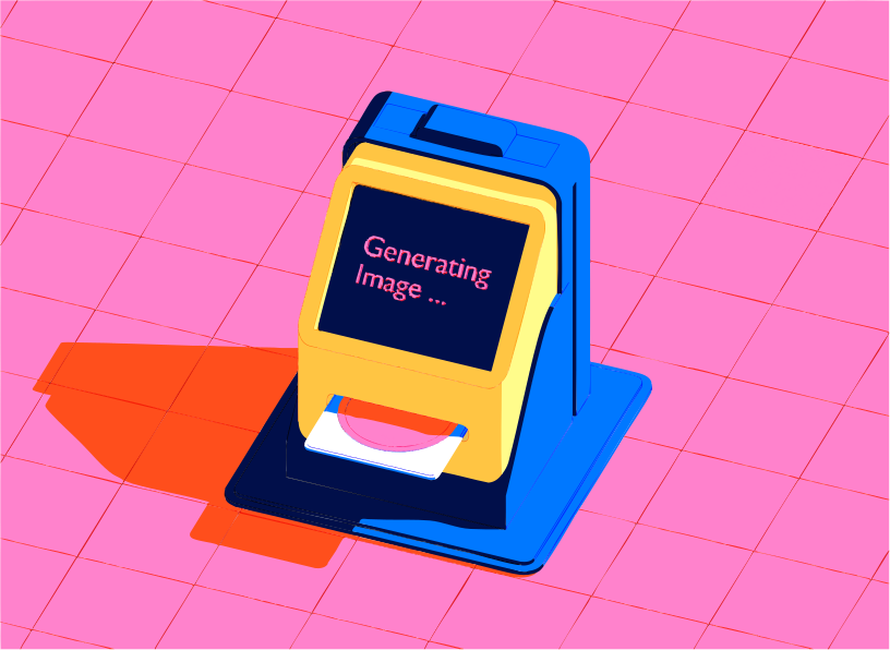 A machine generating an image on a pink grid background.