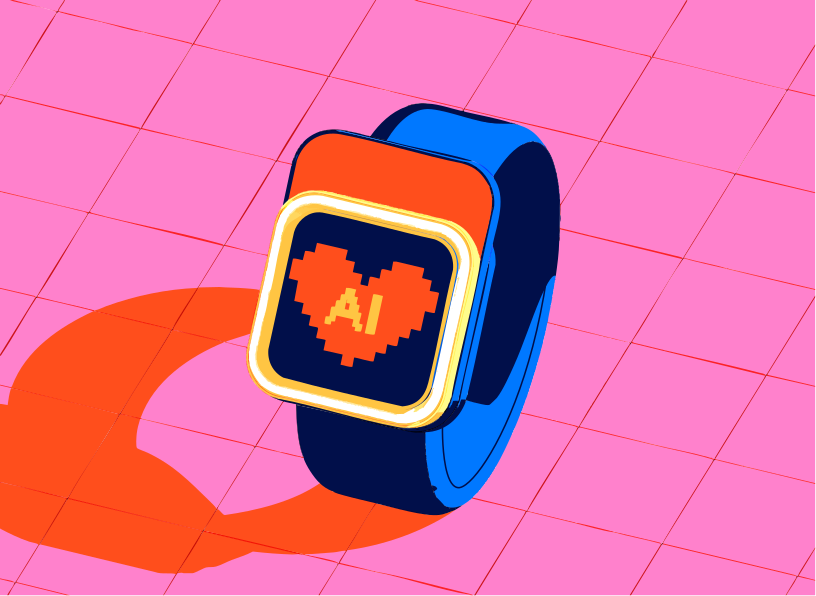 Smartwatch displays pixelated heart with ai text.