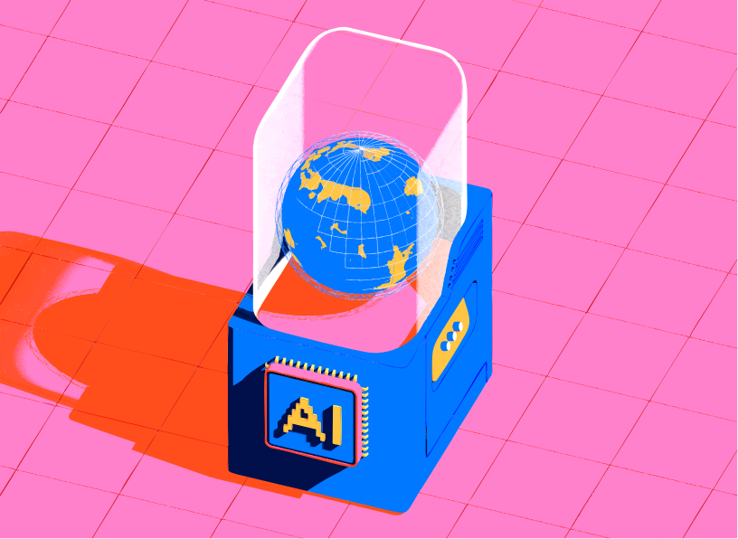 Ai chip holding a globe on pink background