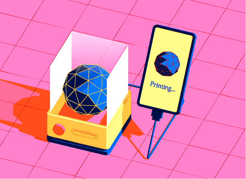 3D printer creating a blue geometric sphere.