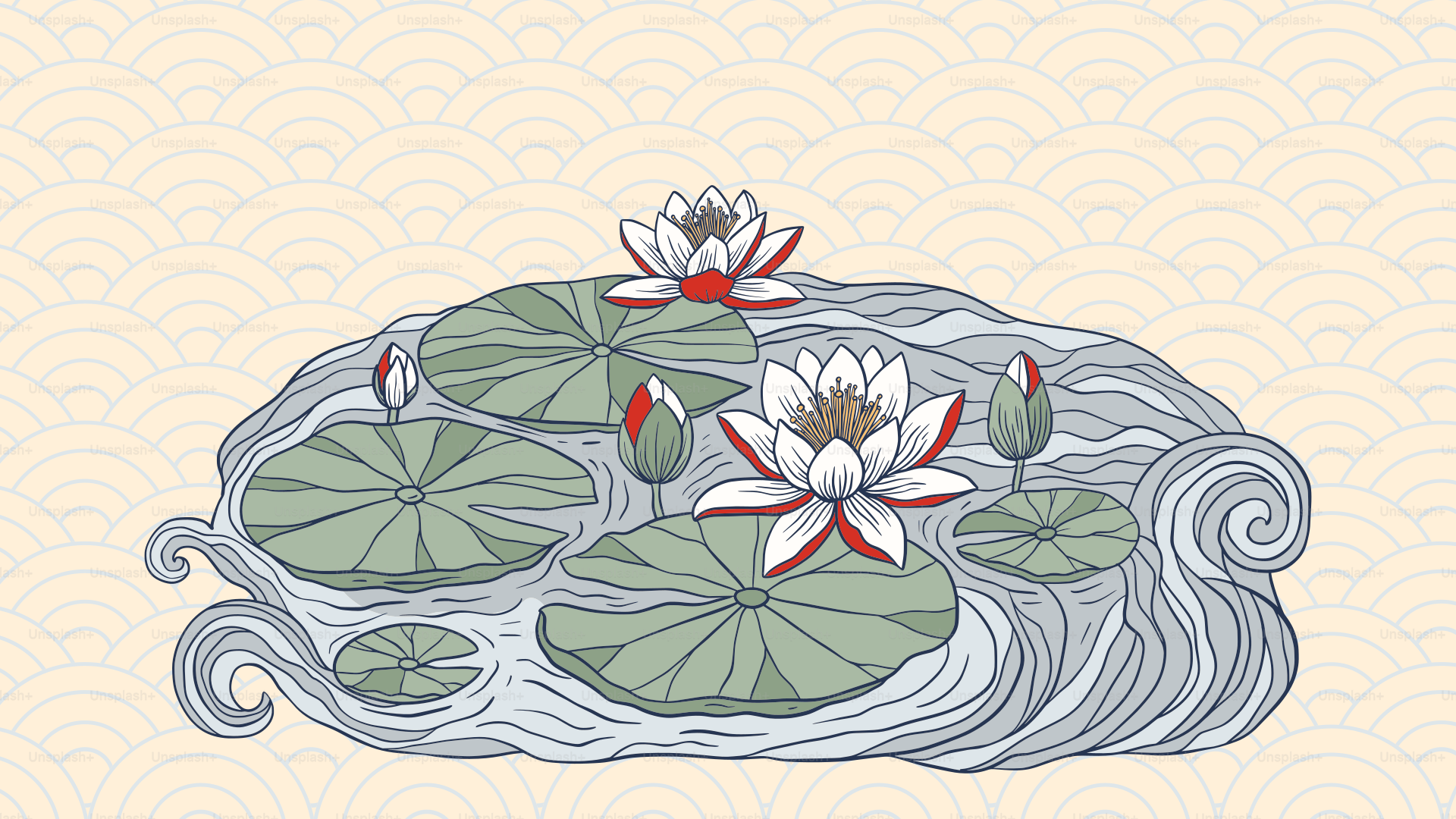 Nenúfares flotando sobre agua ondulante con capullos.