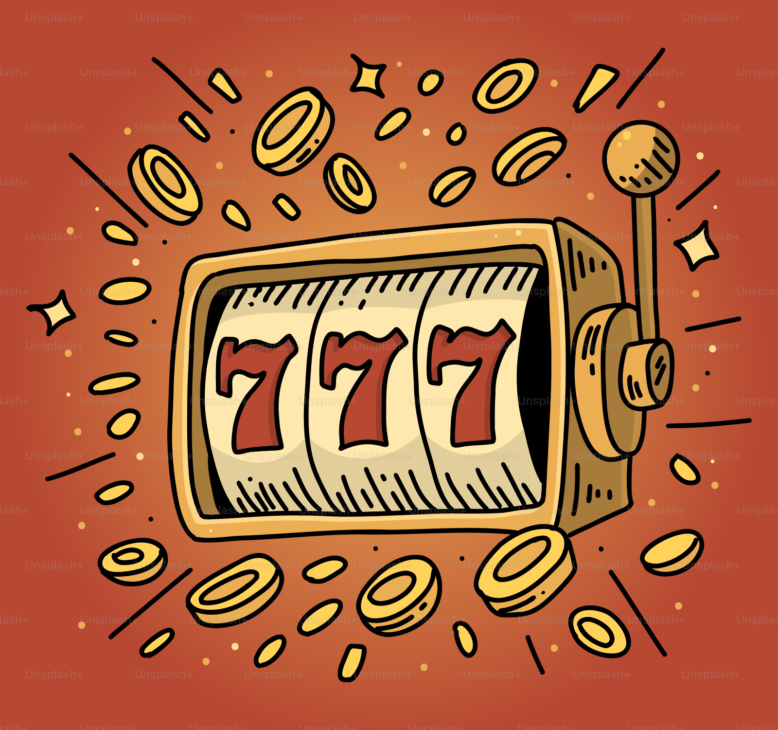 Slot machine with three sevens and falling coins