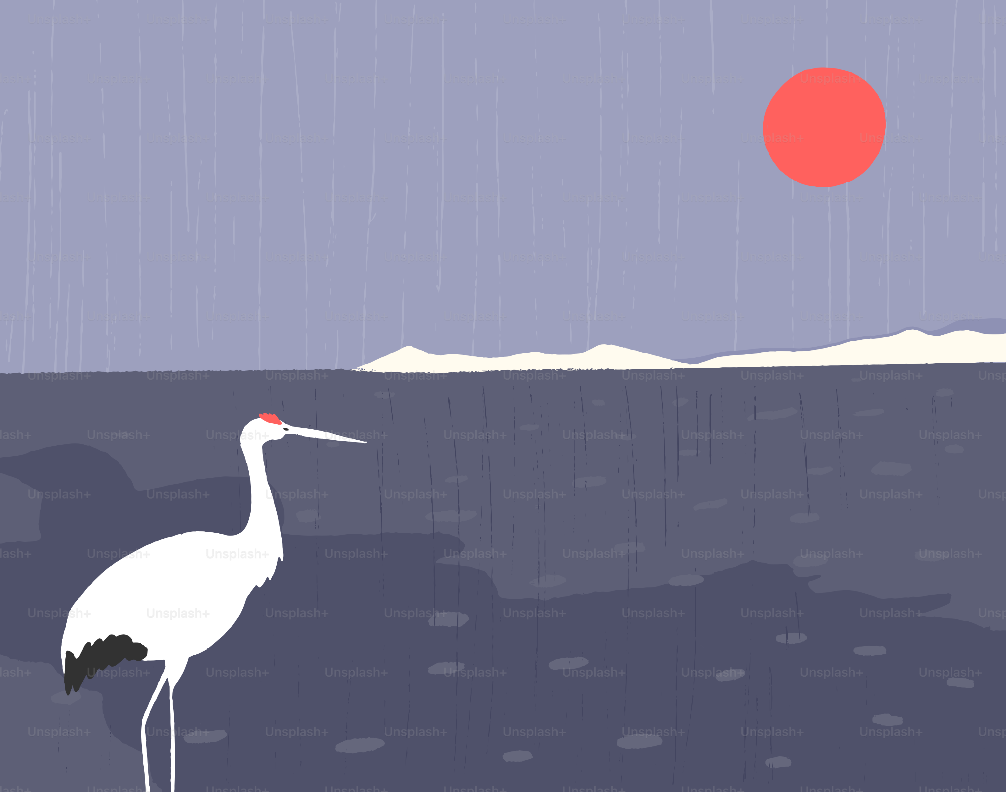 A crane stands near the water under a red sun.