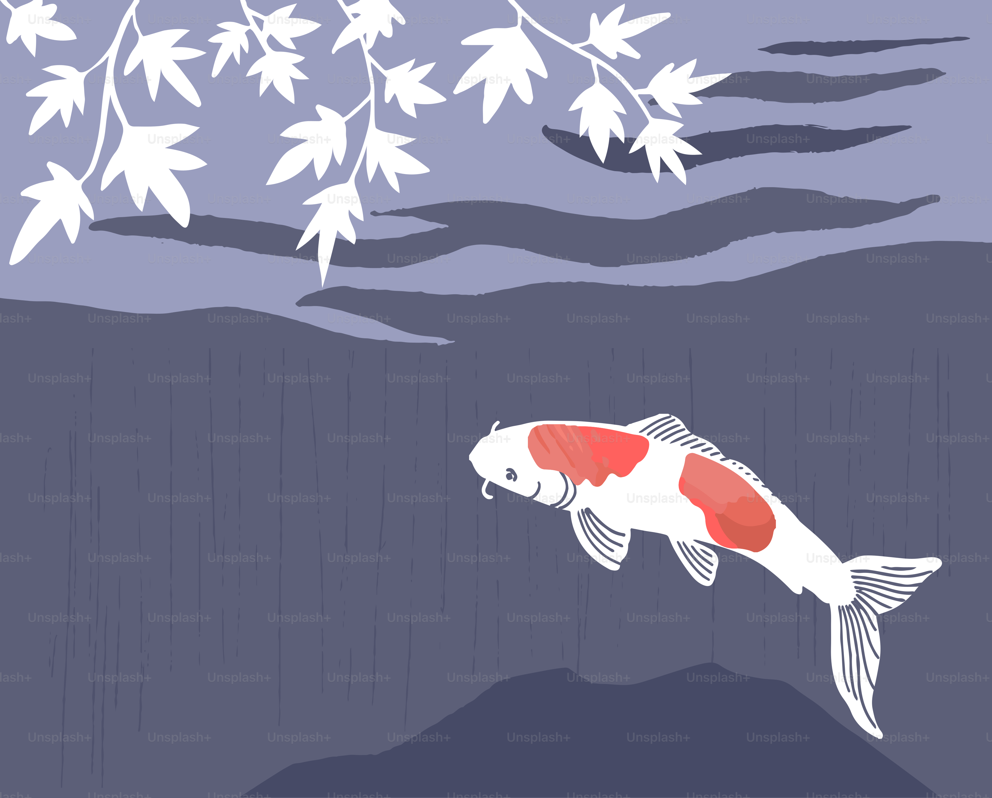Um peixe-carpa nada sob um galho de árvore.