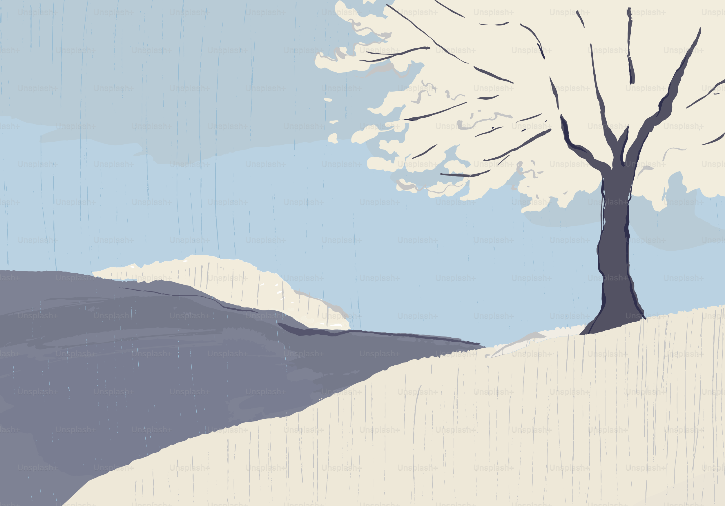 雪に覆われた丘の上の裸木で、遠くの山々が見渡せます