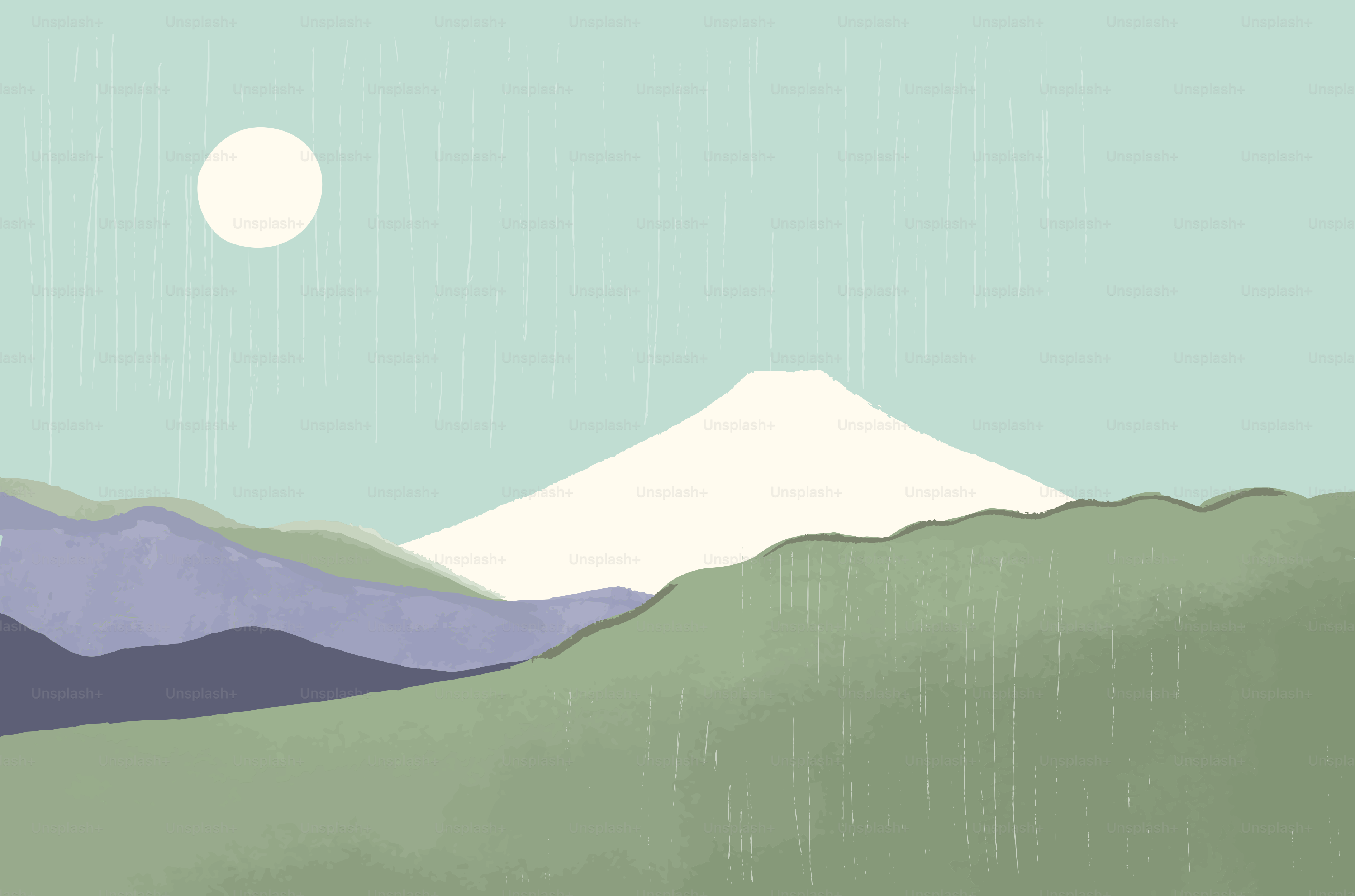 A stylized mountain landscape with sun and rain.