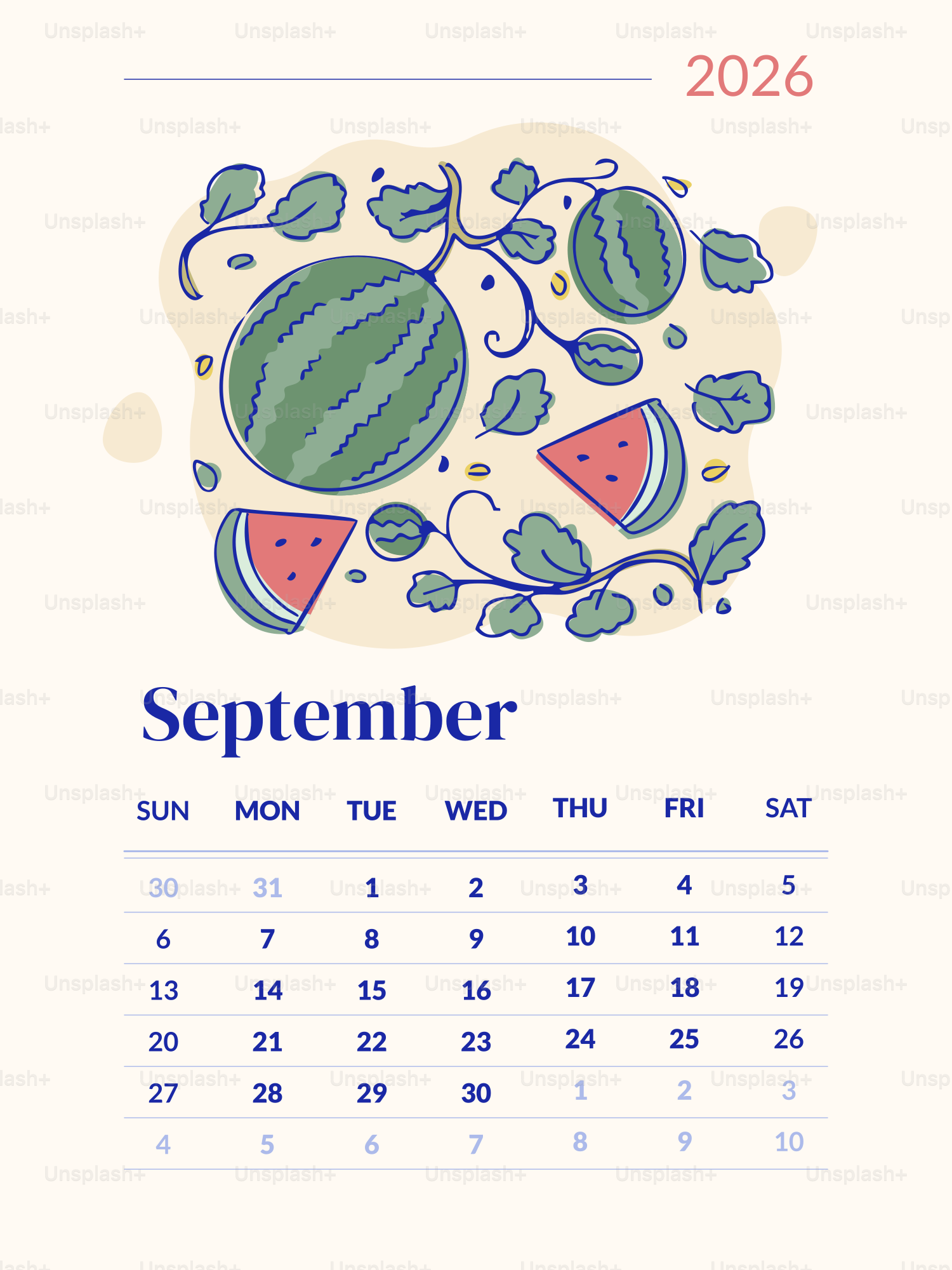 Calendario de septiembre con ilustración de sandía