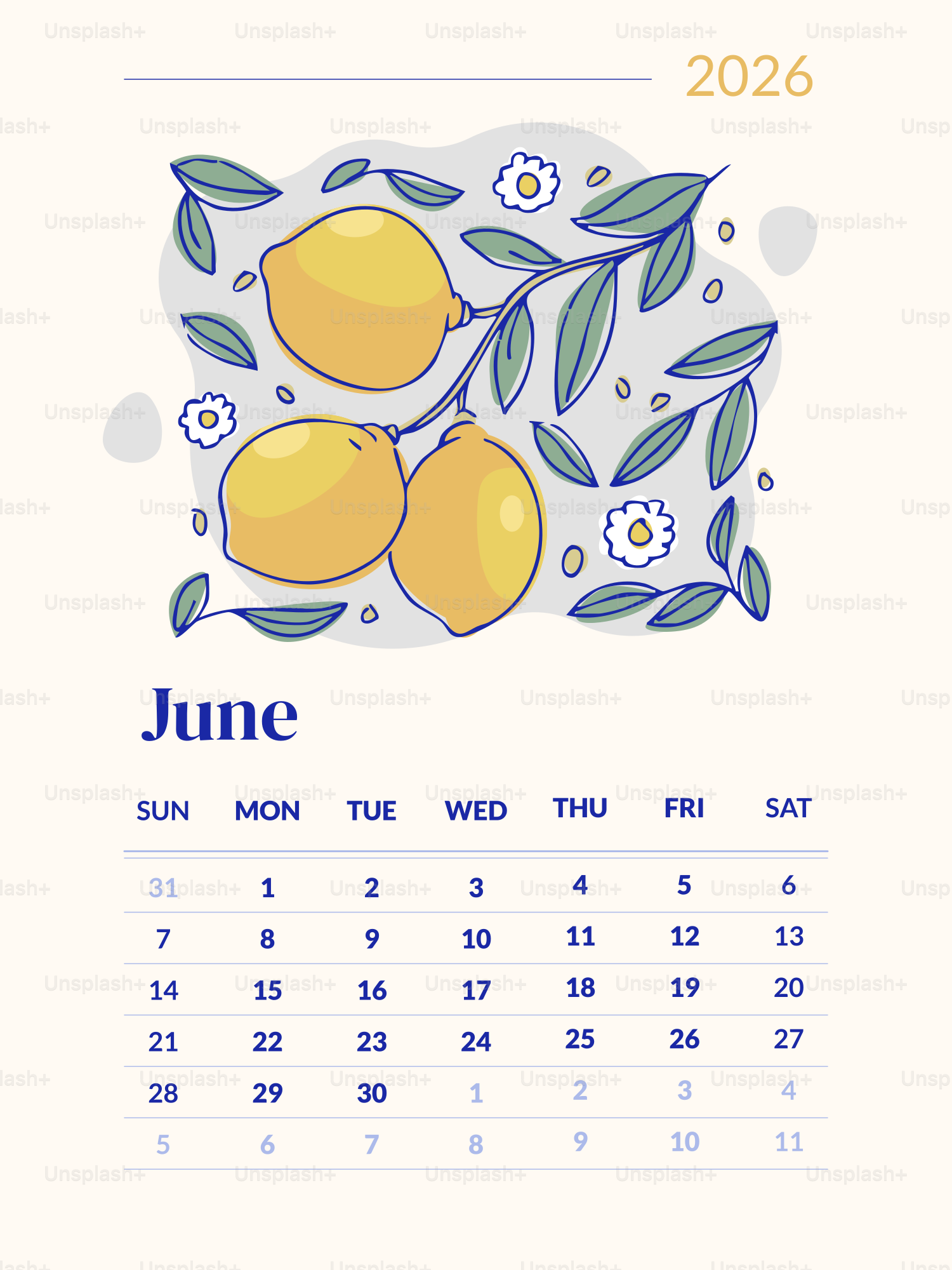 June calendar with lemons and flowers illustration