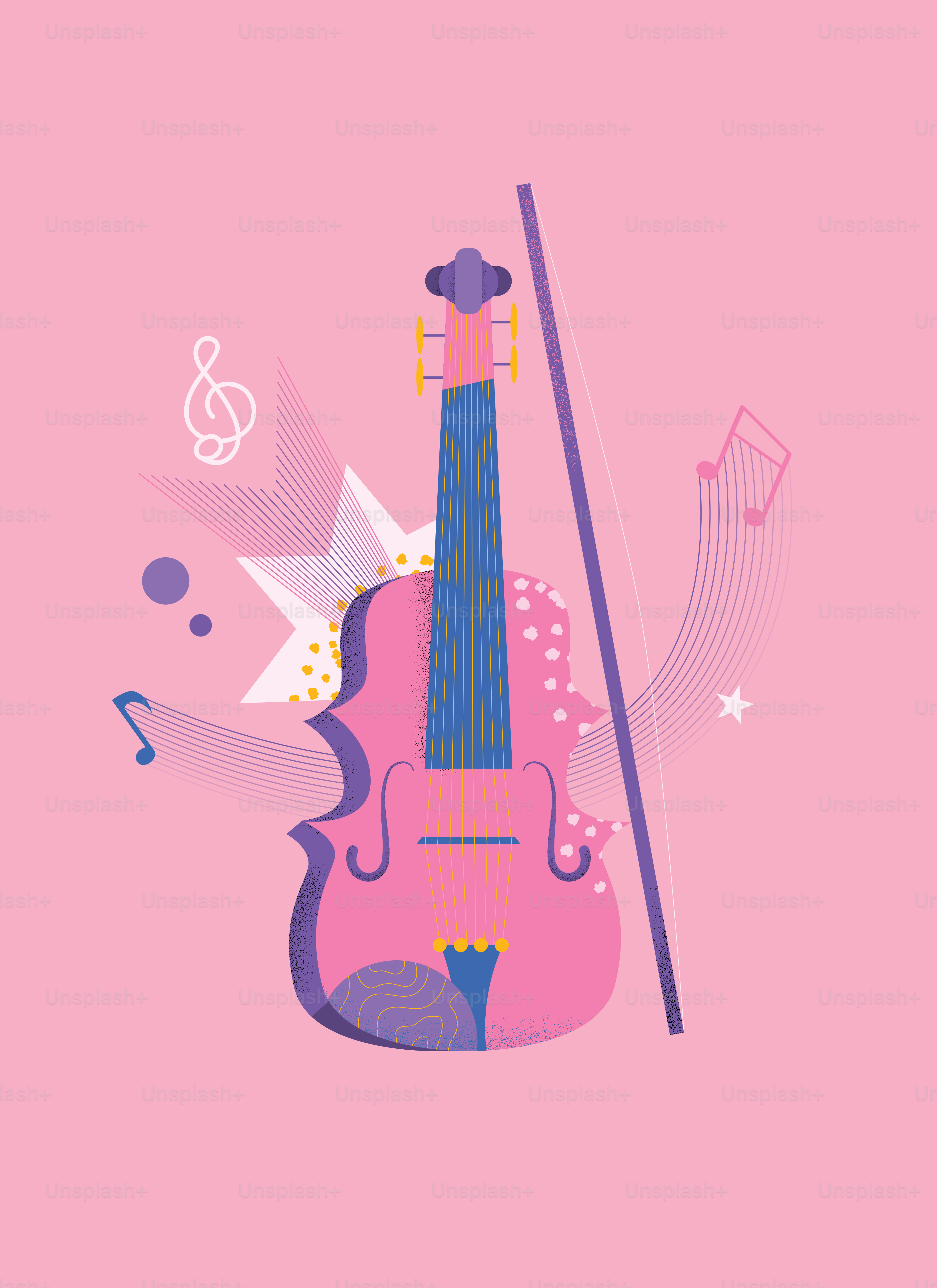 A pink violin with musical notes and stars.