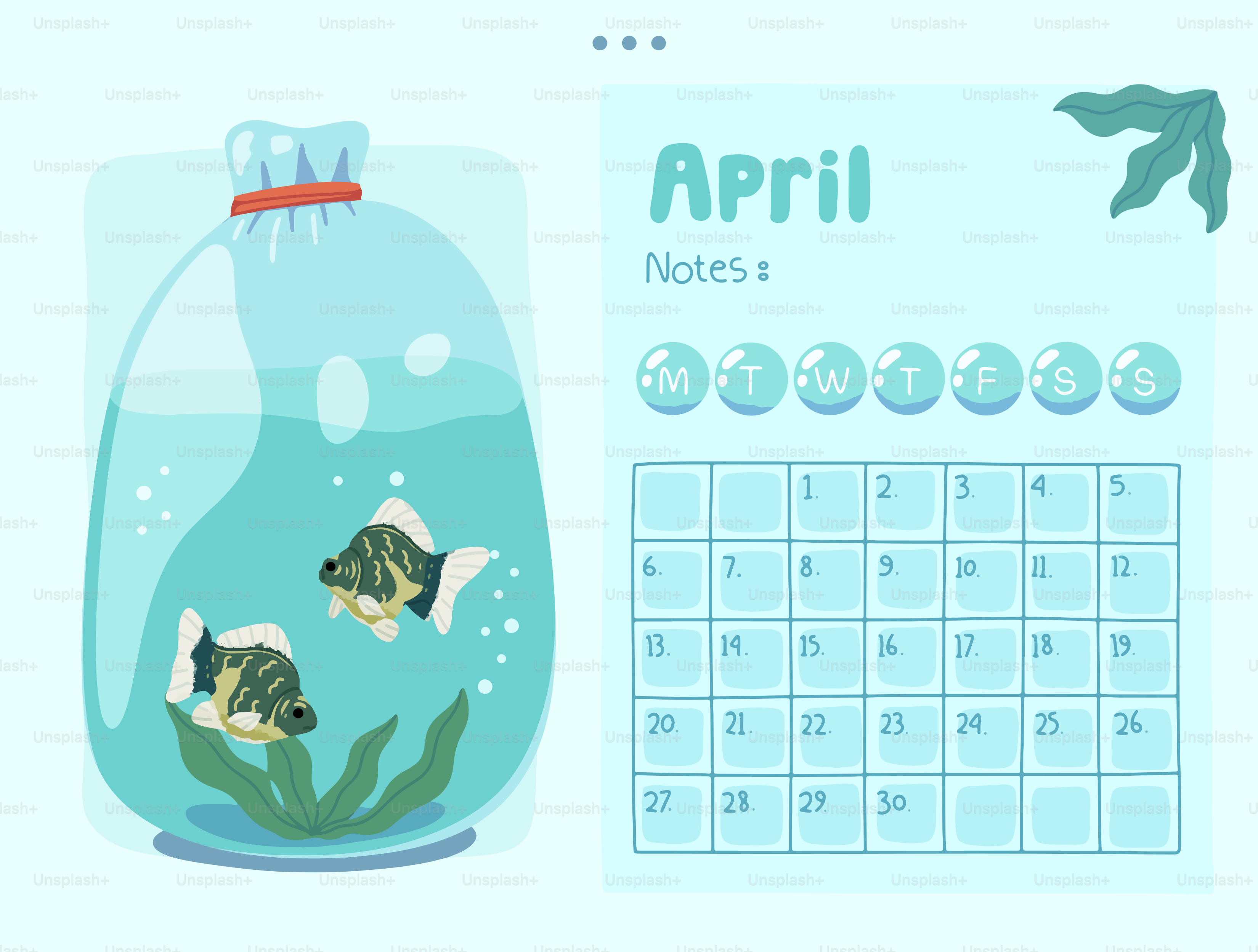 Two goldfish in a plastic bag next to calendar.