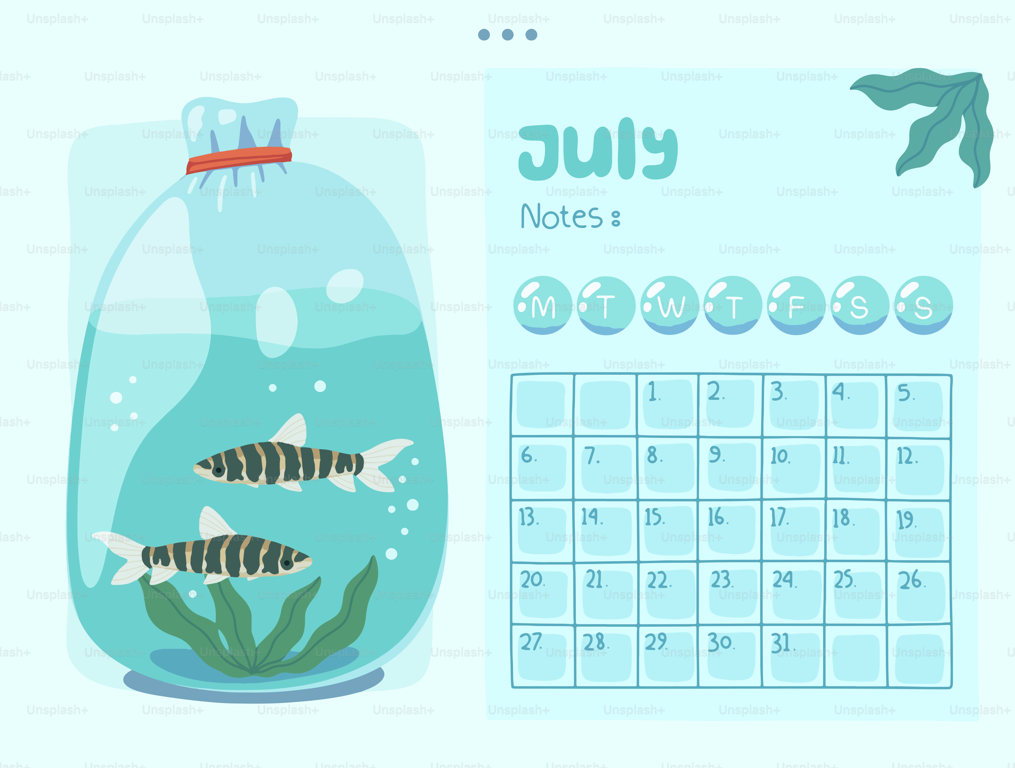July calendar with two striped fish in a bag.