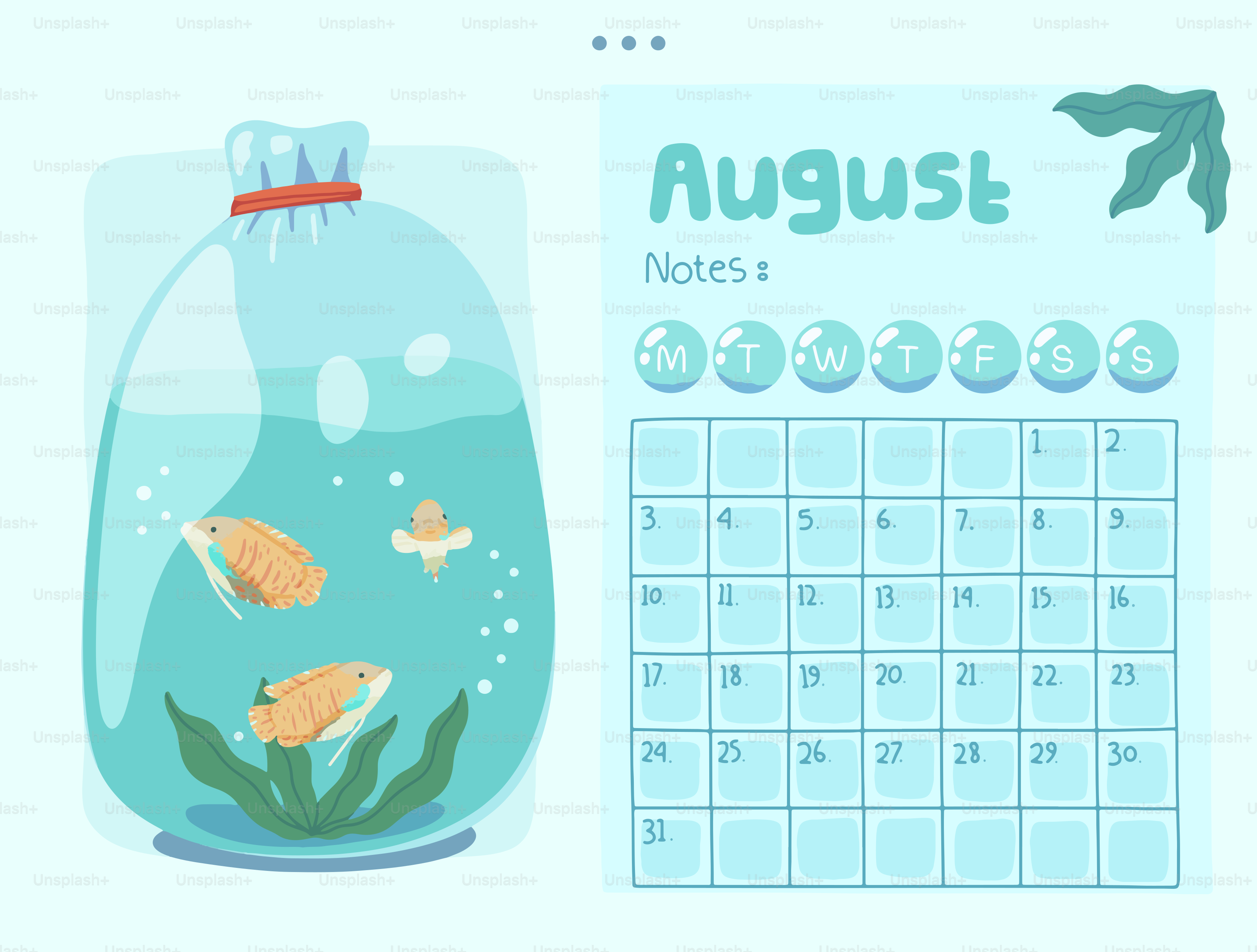 Goldfish in a plastic bag next to august calendar.