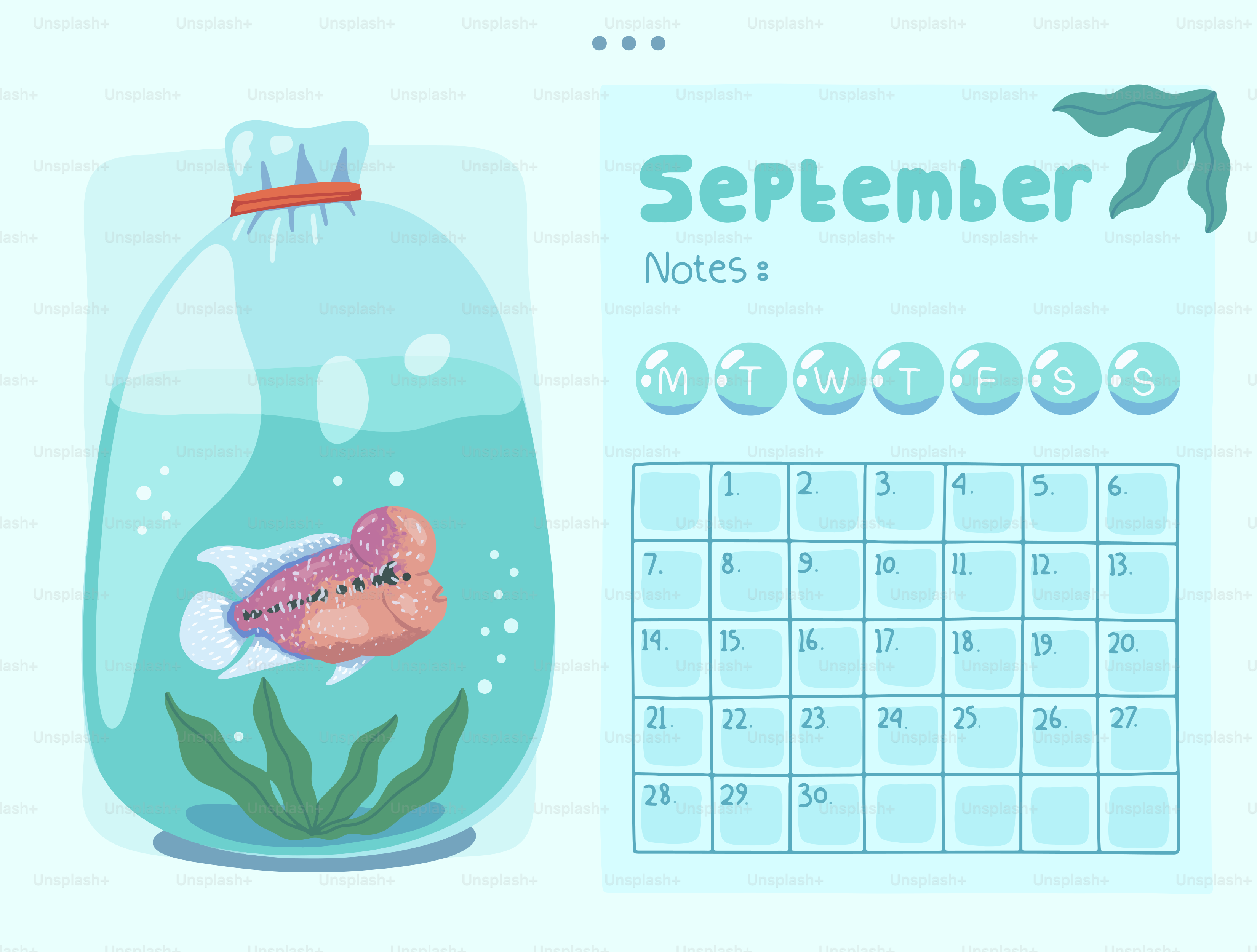 A fish in a bag next to a september calendar.