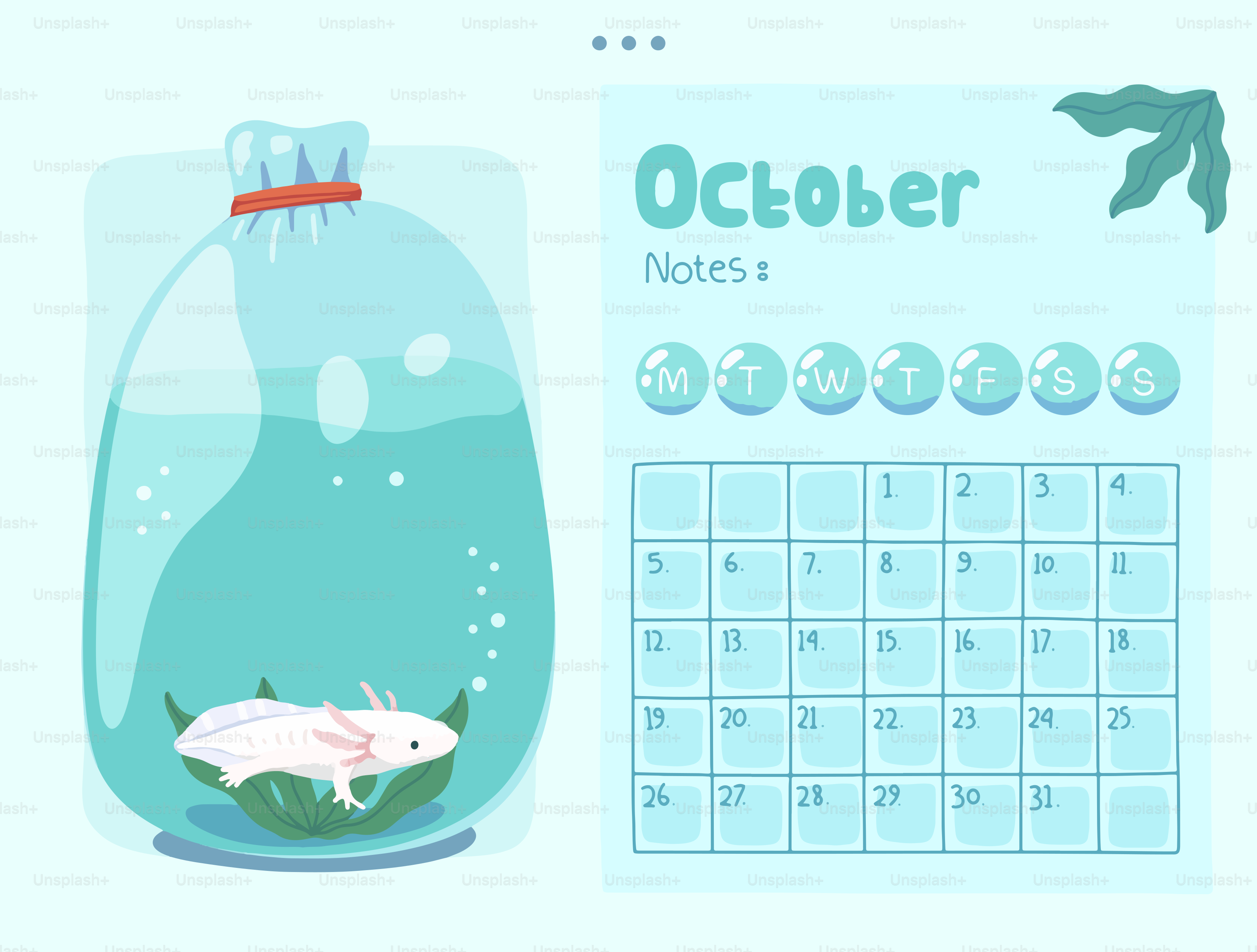 An axolotl in a bag next to october calendar
