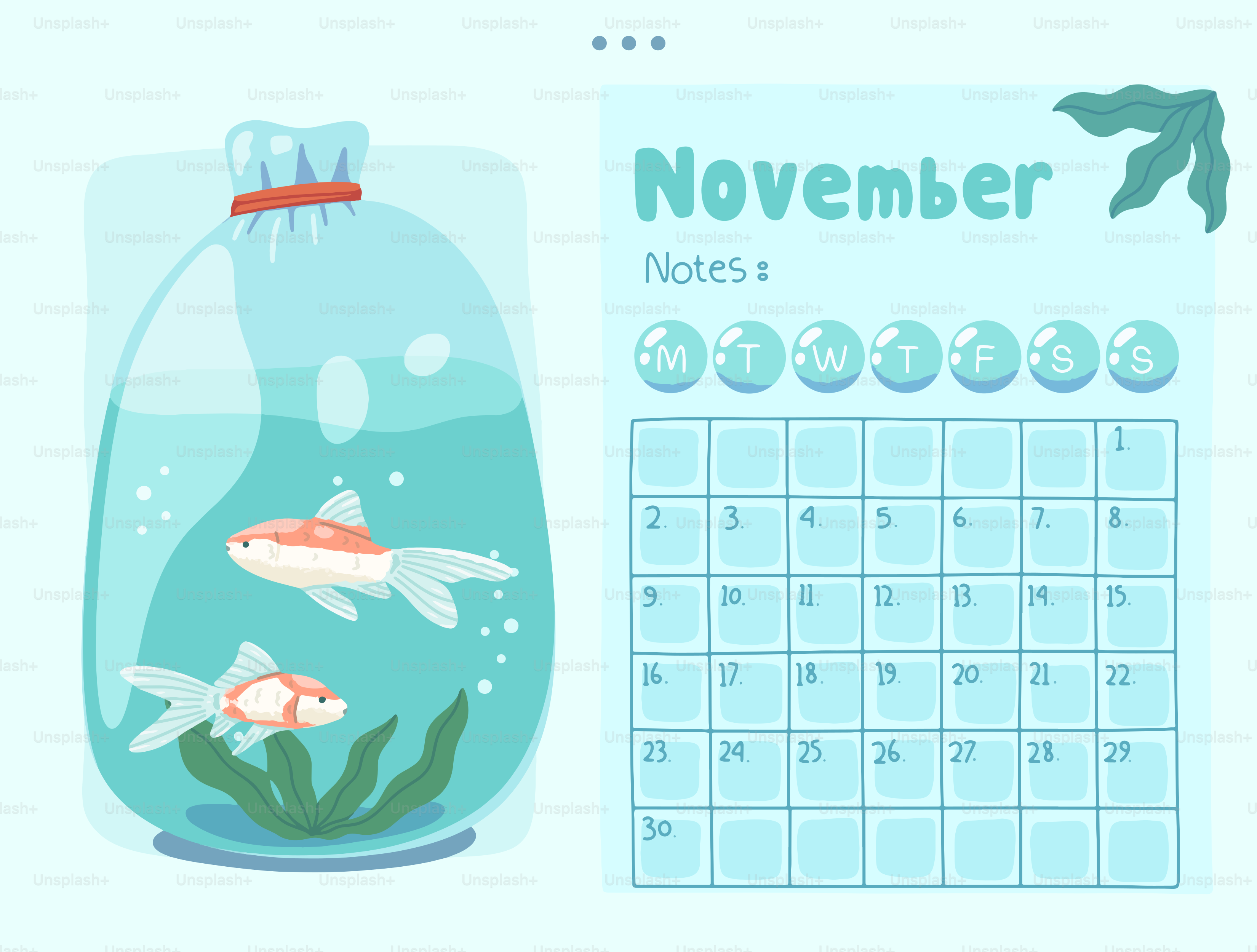 Two goldfish swim in a bag next to november calendar.