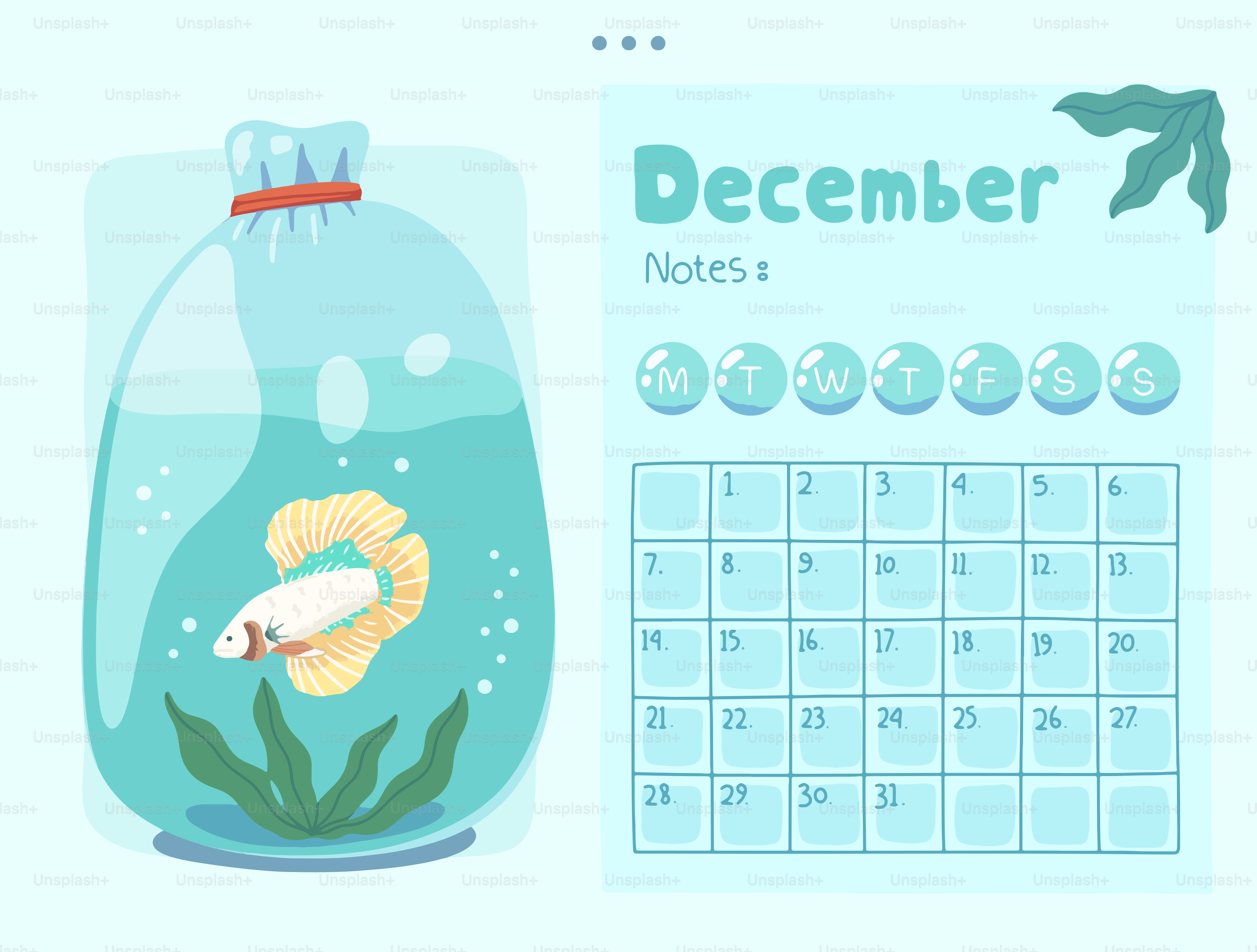 Betta fish in a bag next to a december calendar.