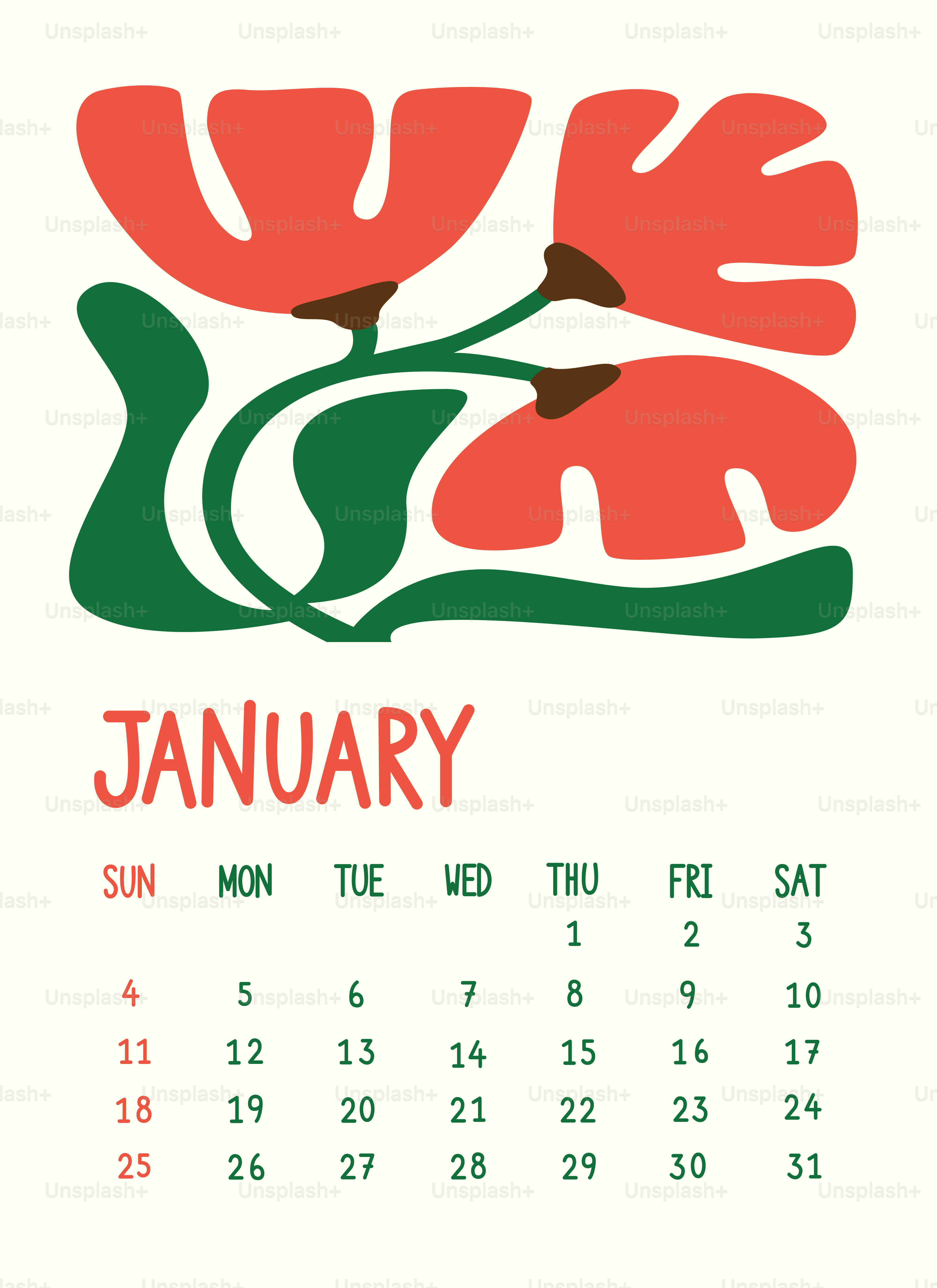 Página del calendario de enero con diseño floral abstracto