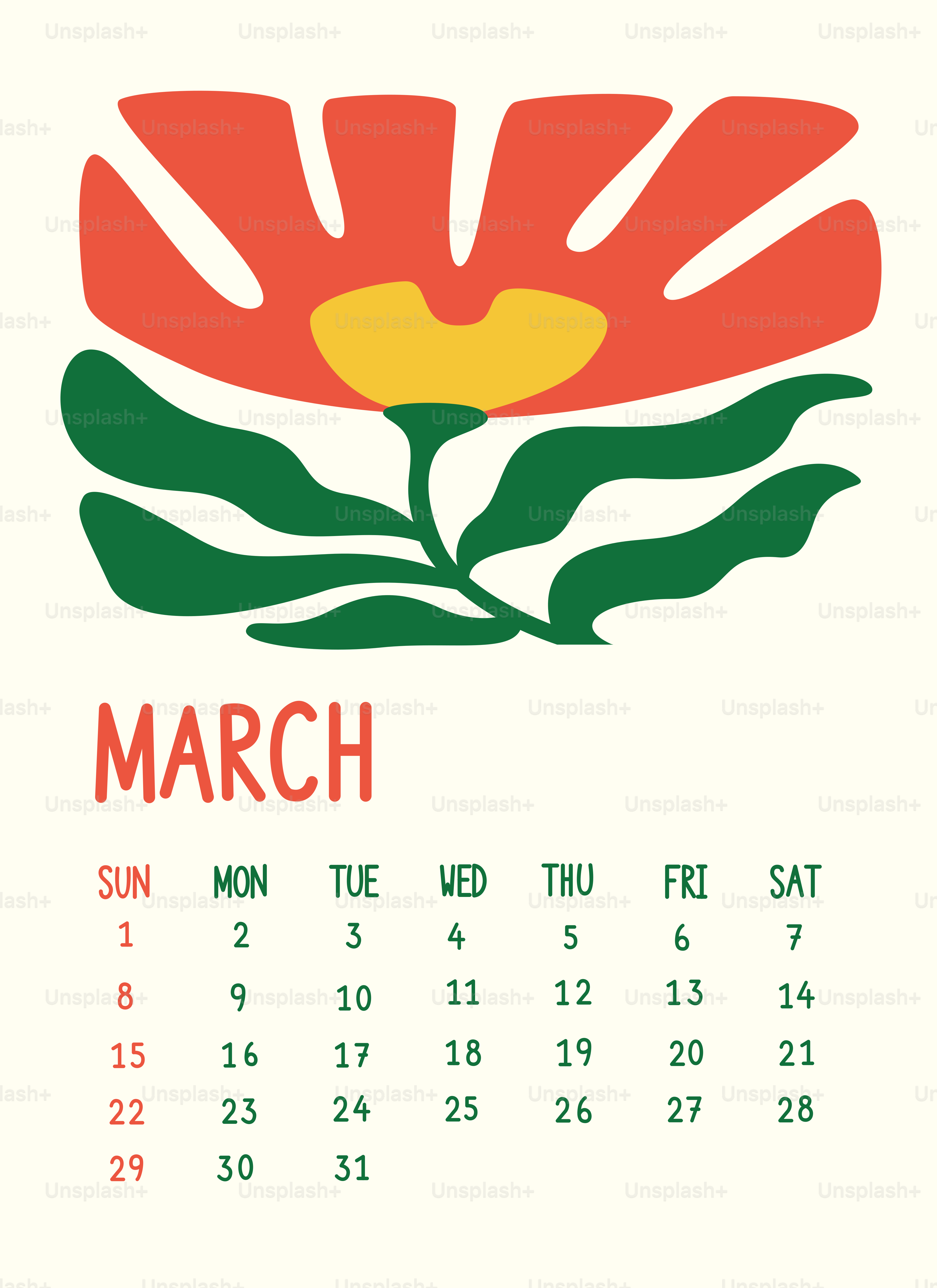 Calendario de marzo con diseño floral abstracto