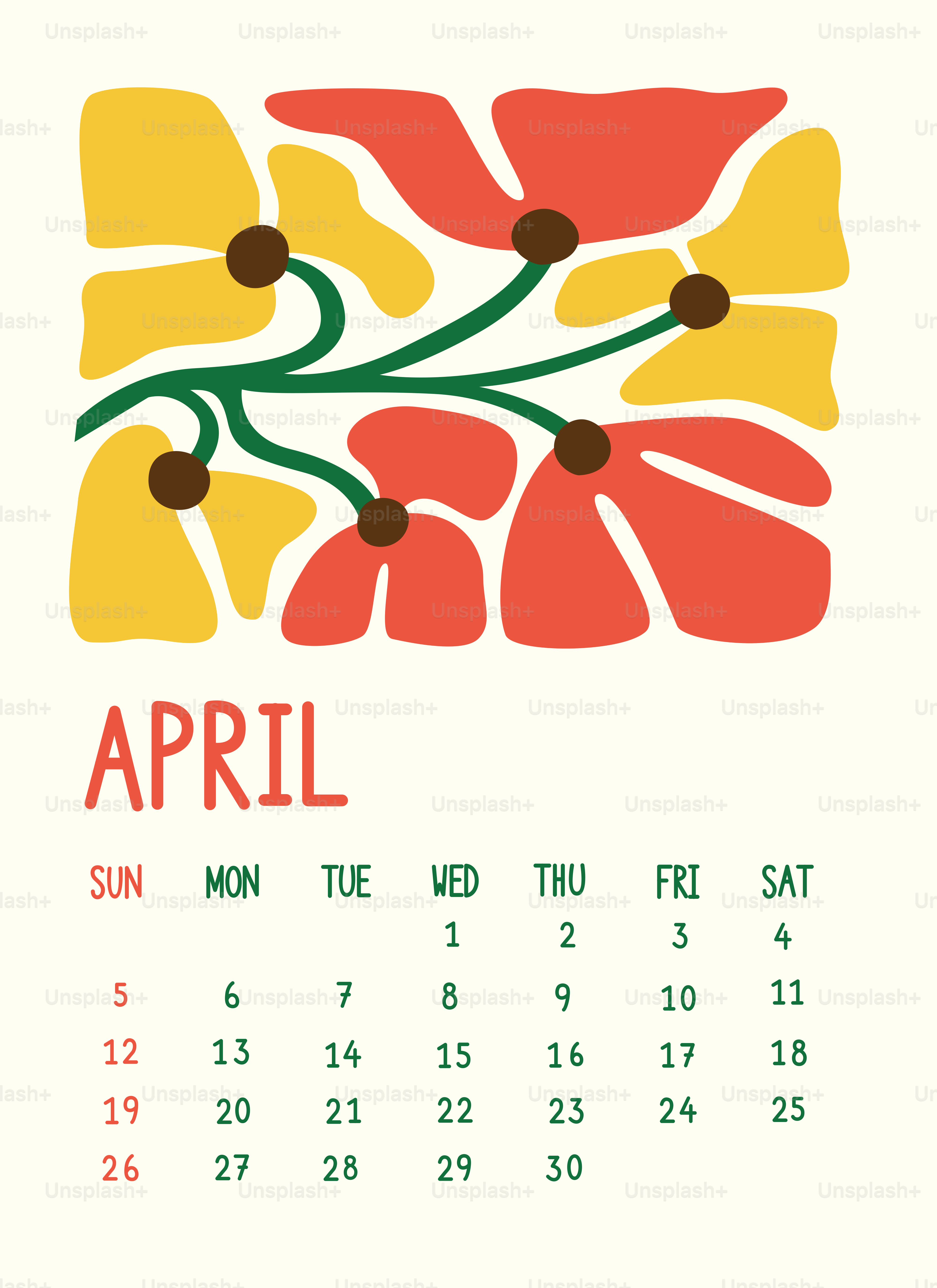 4月カレンダーを用いた抽象的な花のデザイン