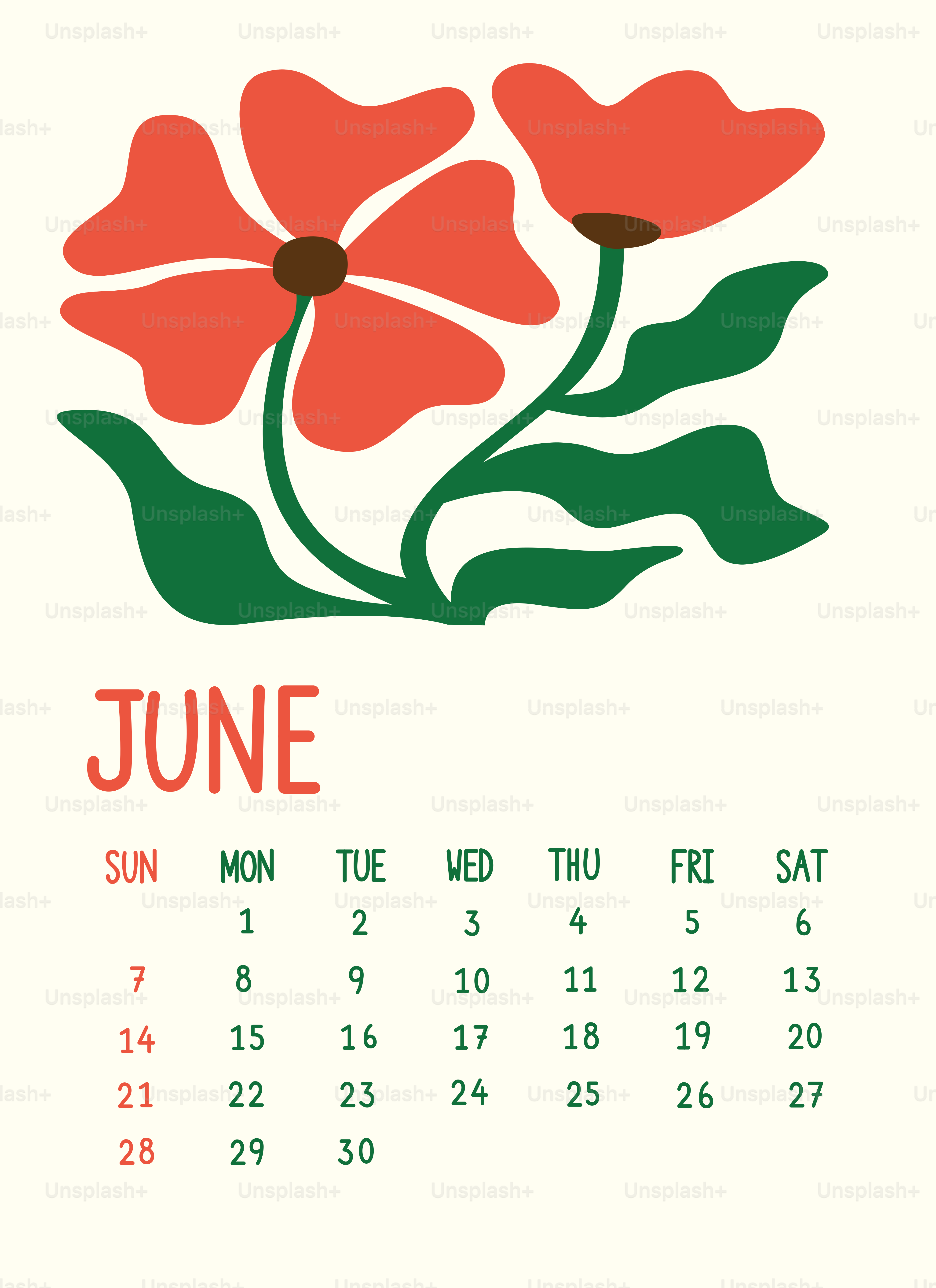 Calendario de junio con ilustración floral