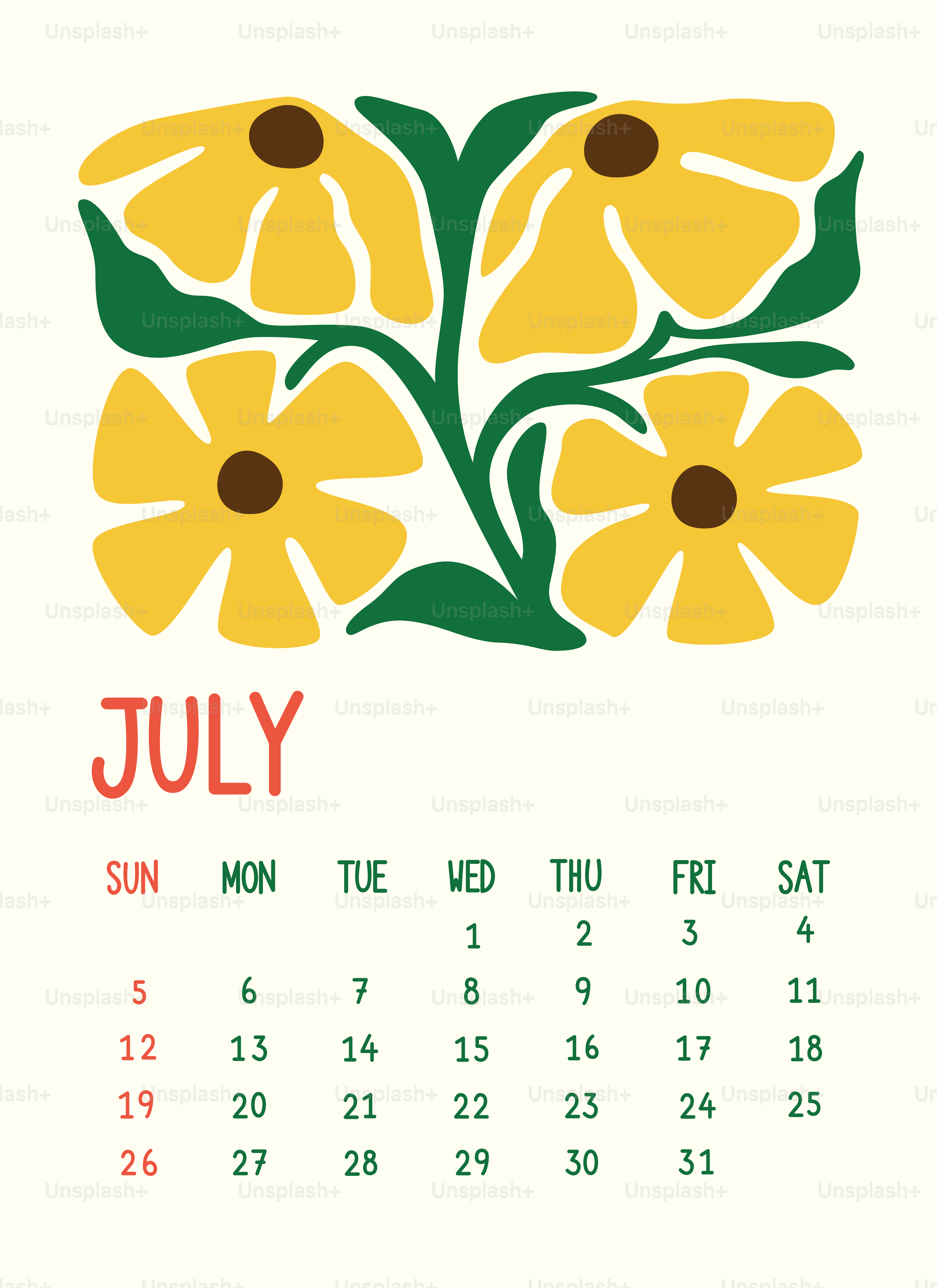 Calendario de julio con borde amarillo de diseño floral