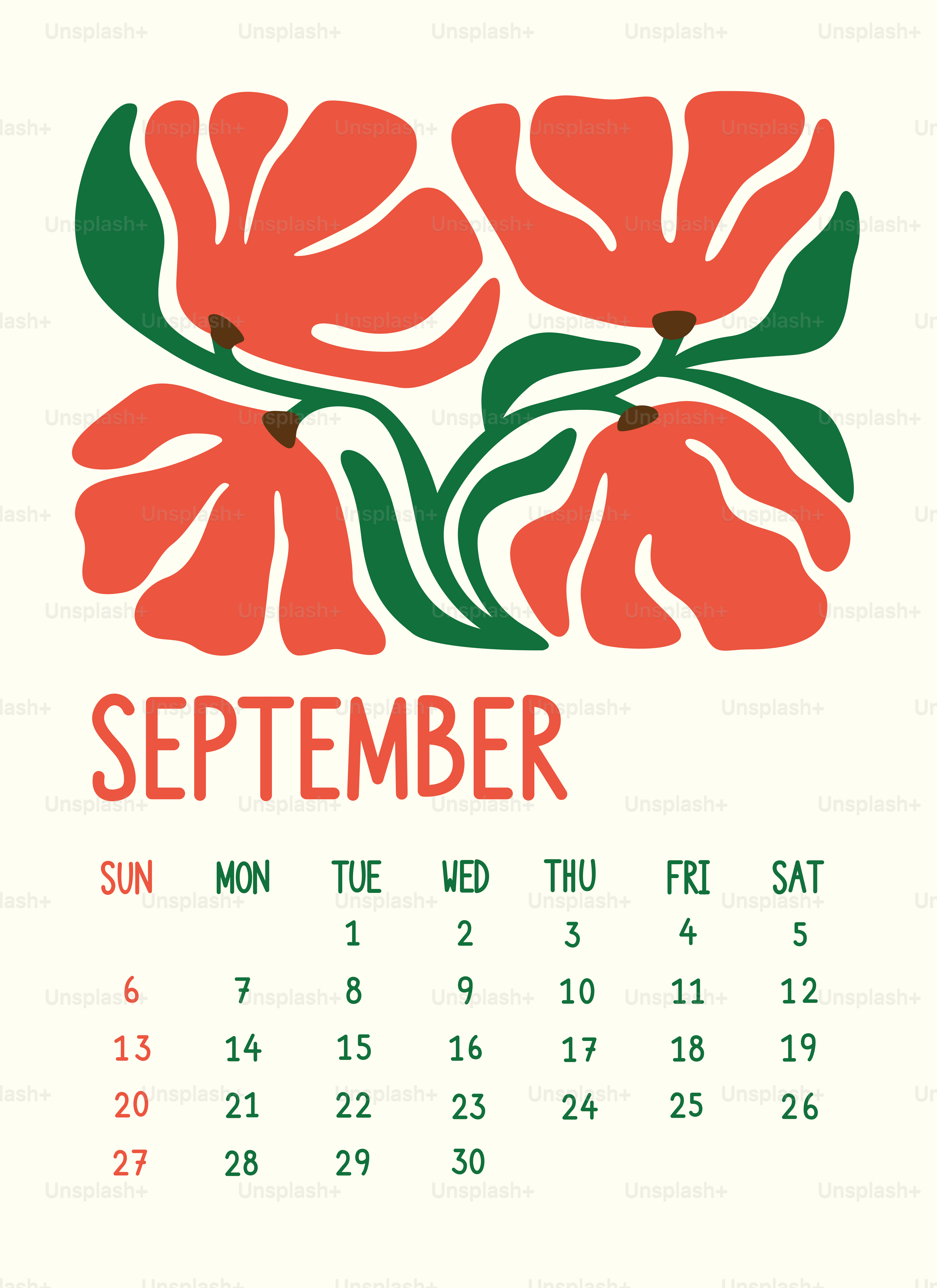 Calendário de setembro com desenho floral vermelho