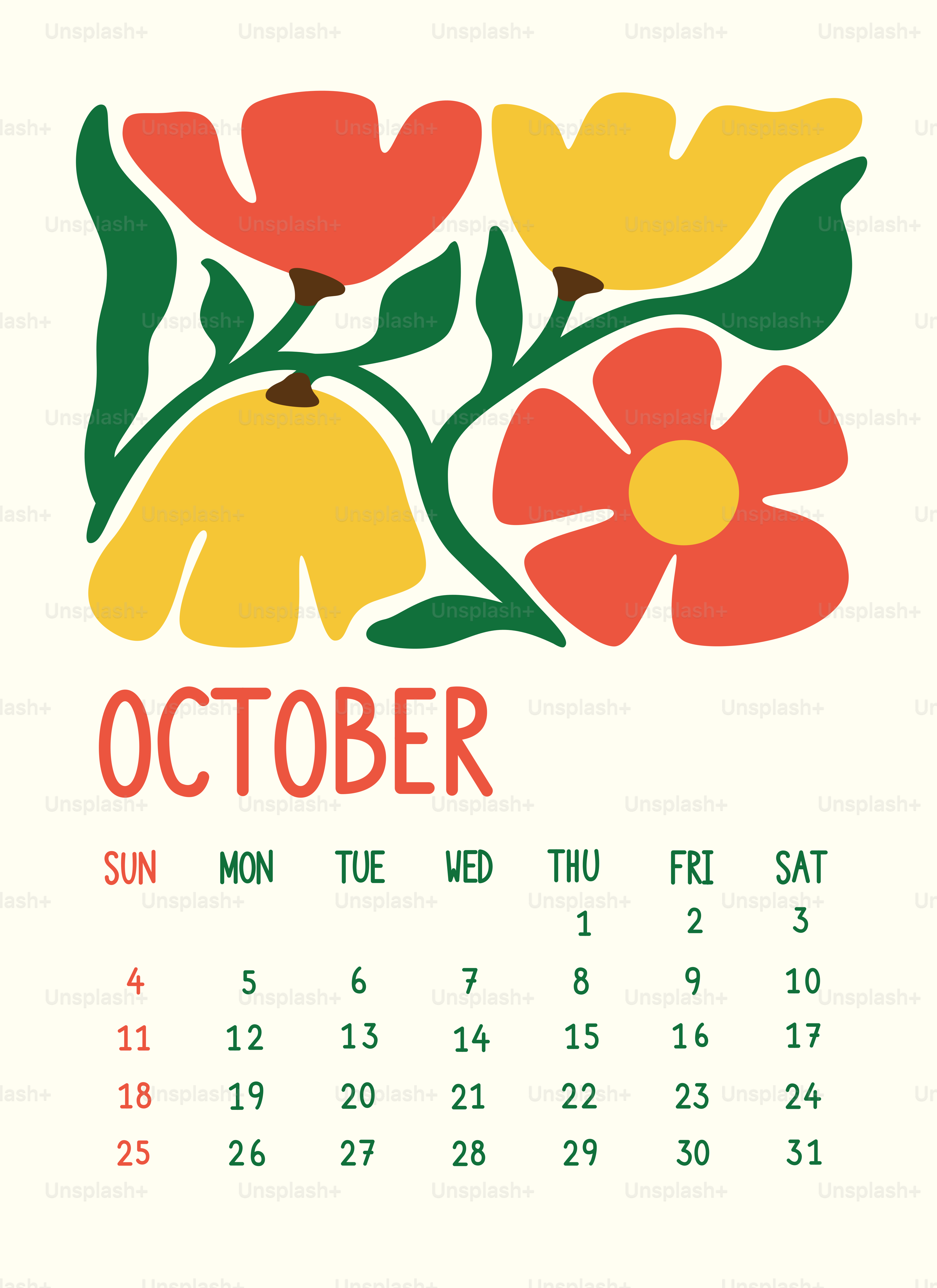 Calendário de outubro com ilustração floral