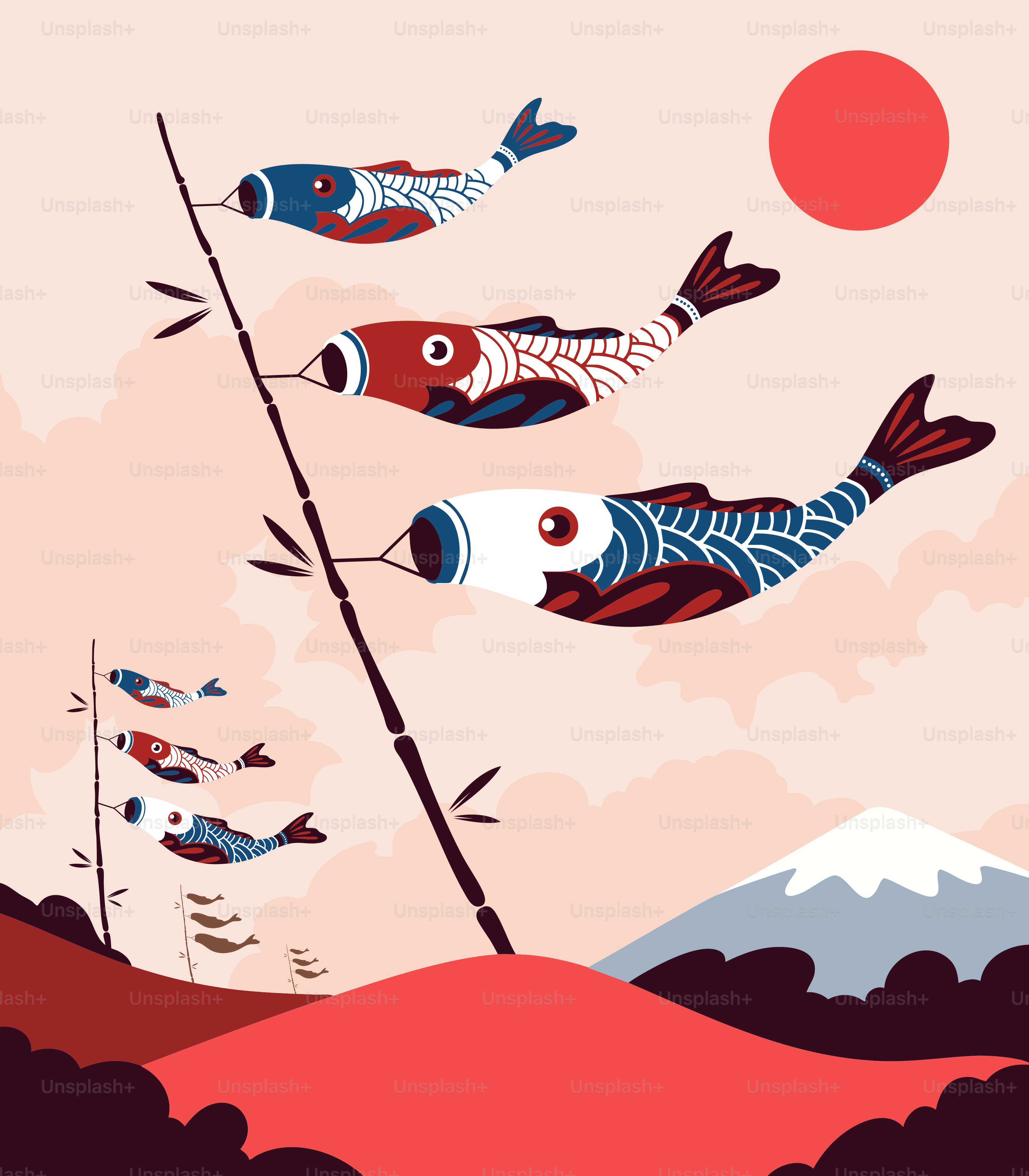 鯉鳥の魚の旗が山と太陽を掲げて舞う。