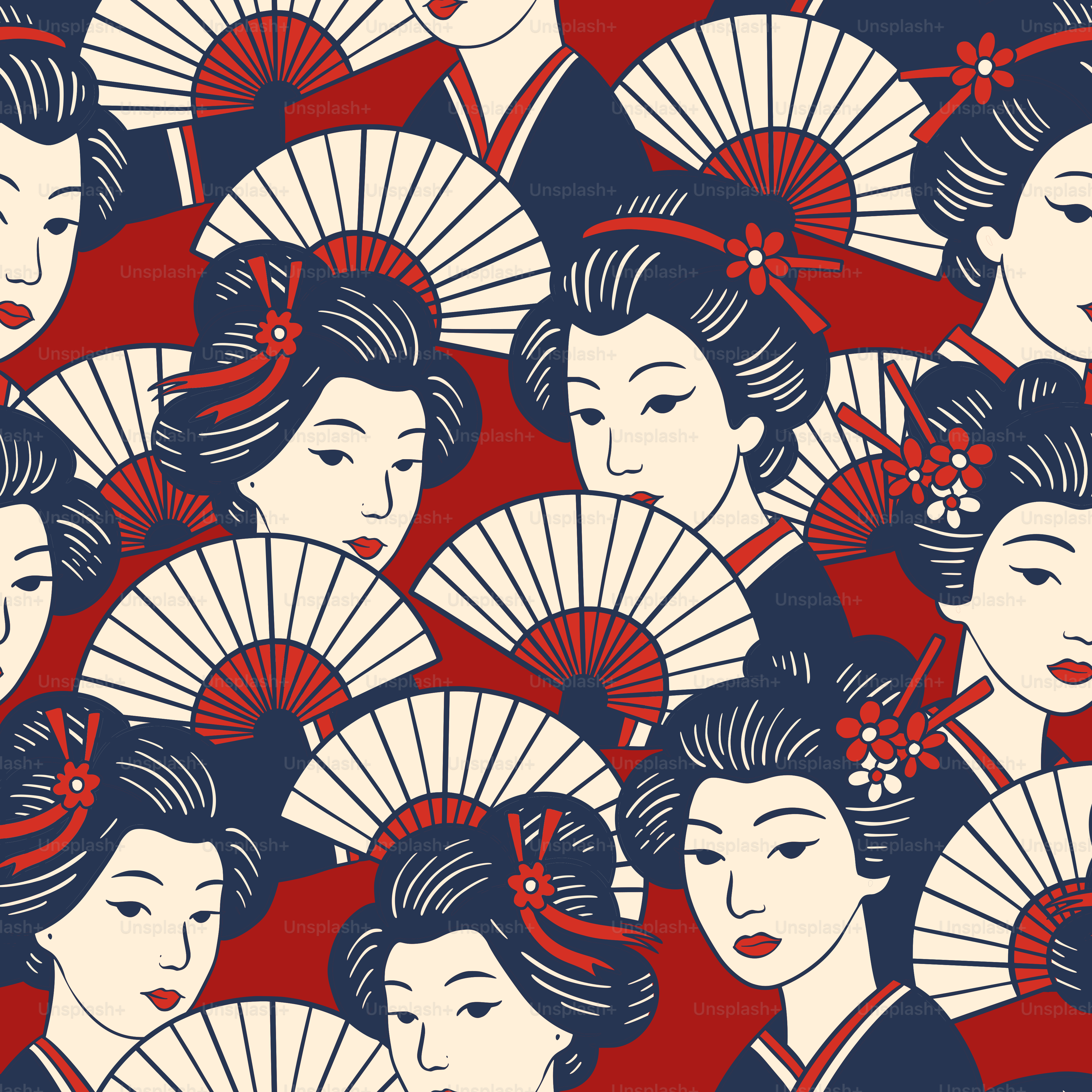 Geishas con abanicos sobre fondo rojo