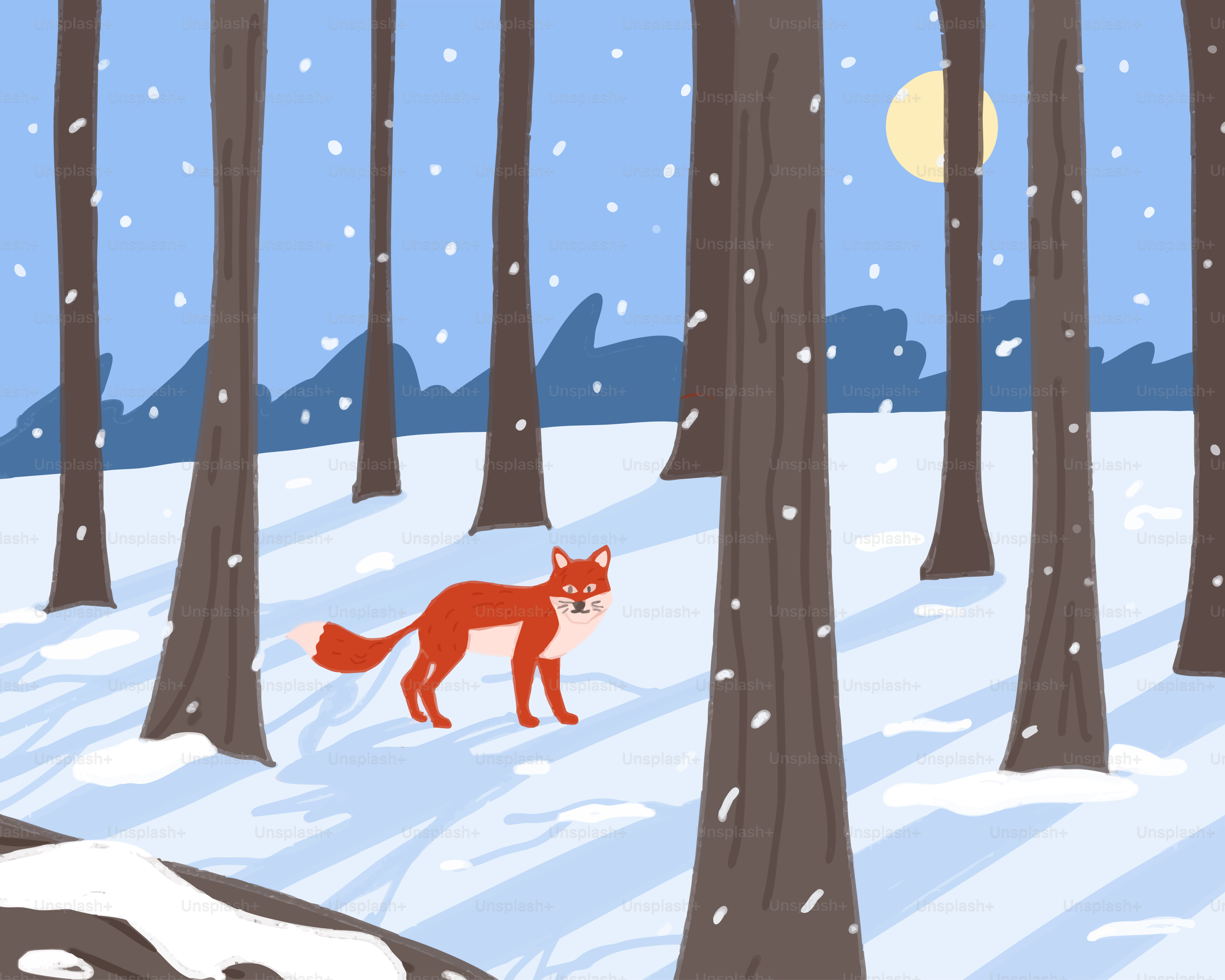 A fox walks through a snowy forest at night.