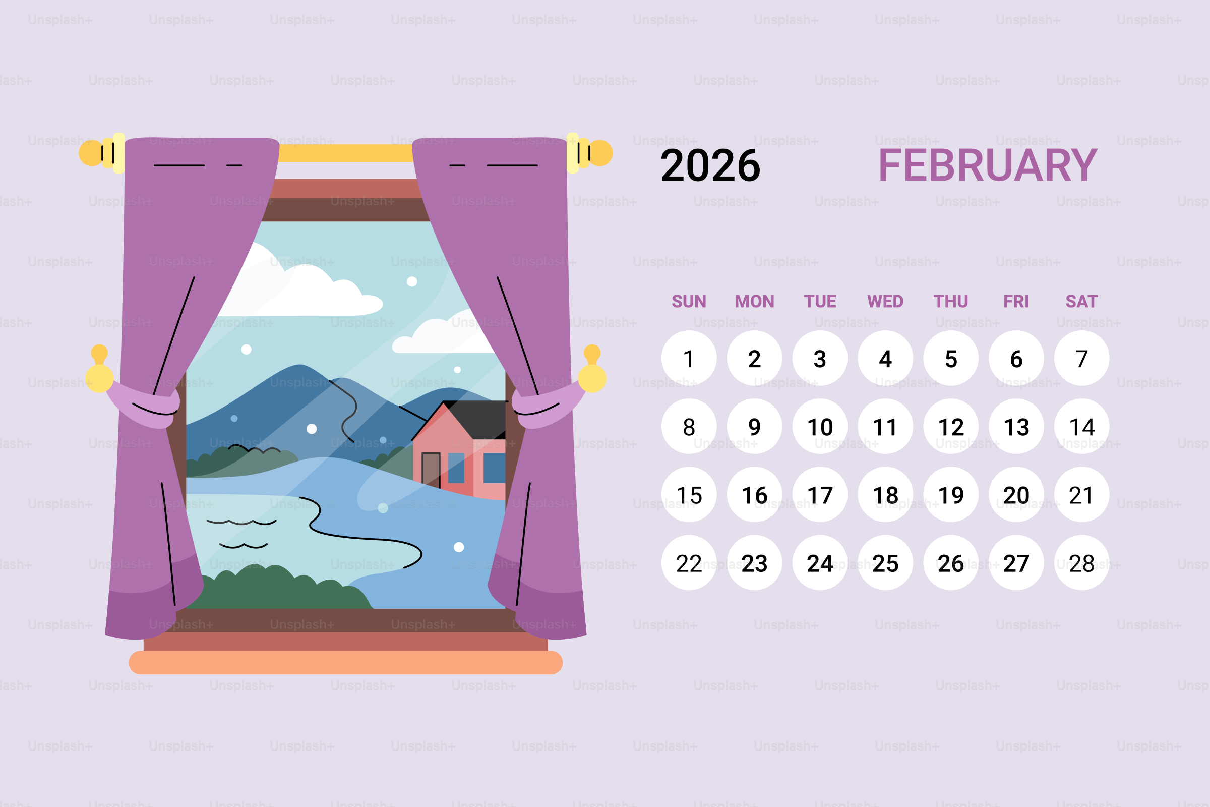 Window view of winter landscape with february 2026 calendar