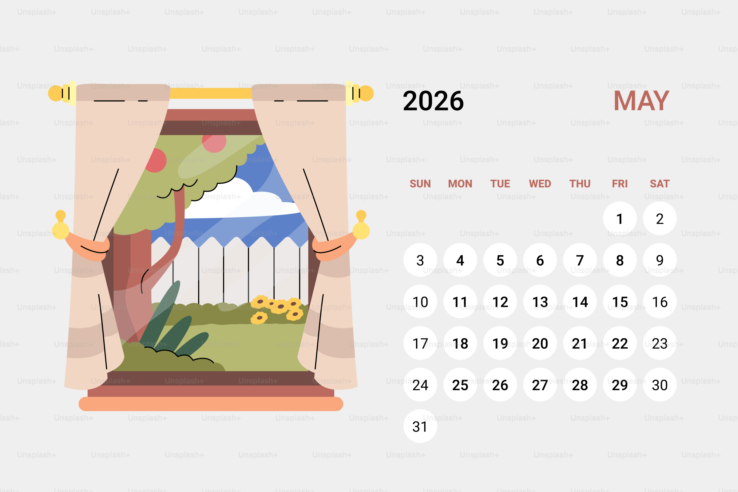 Calendar for may 2026 with a window view.