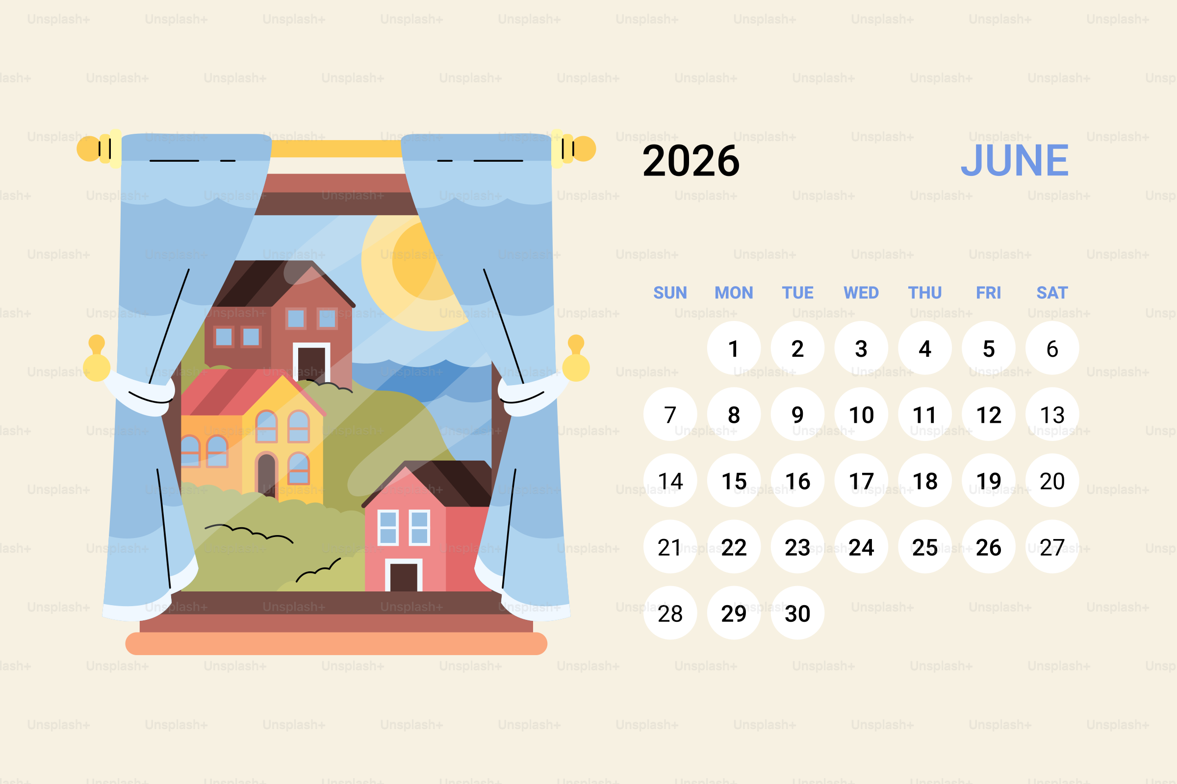 Calendar for june 2026 with window view