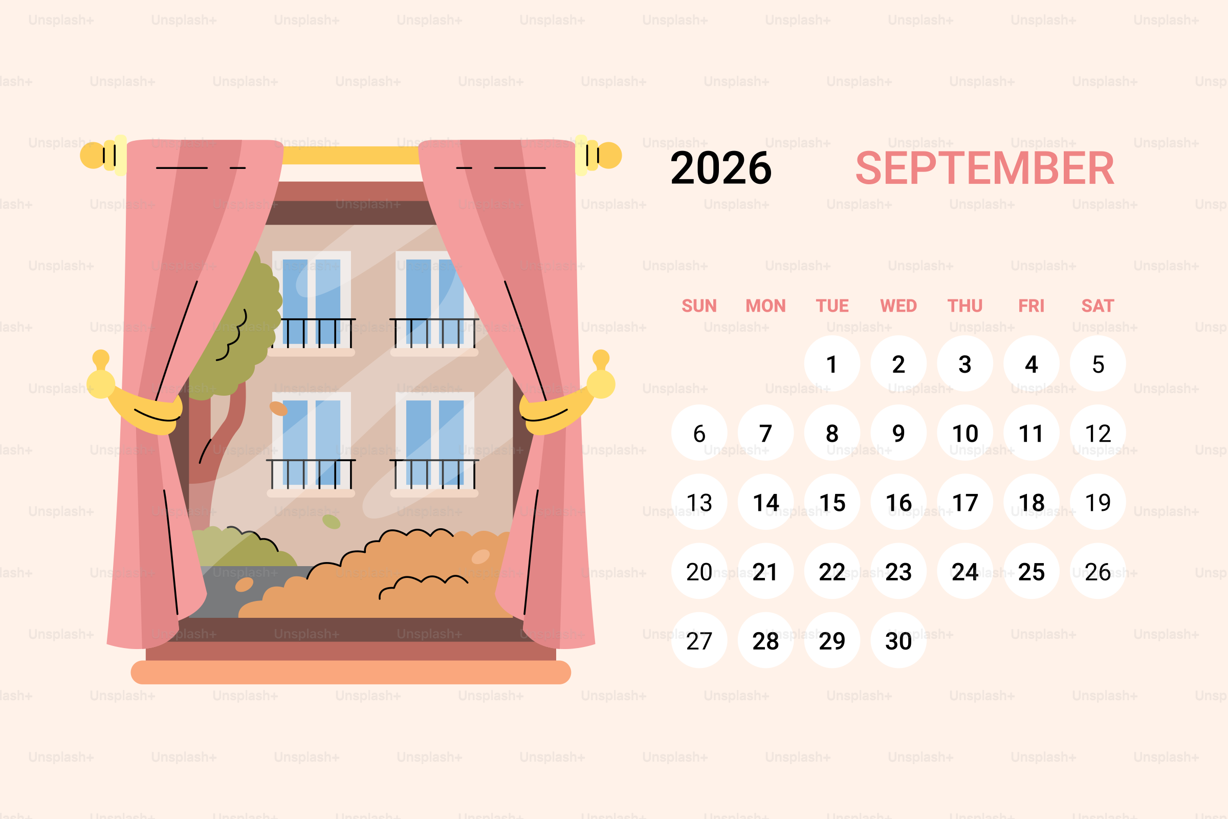 September 2026 calendar with window view vector – Illustration Image on ...