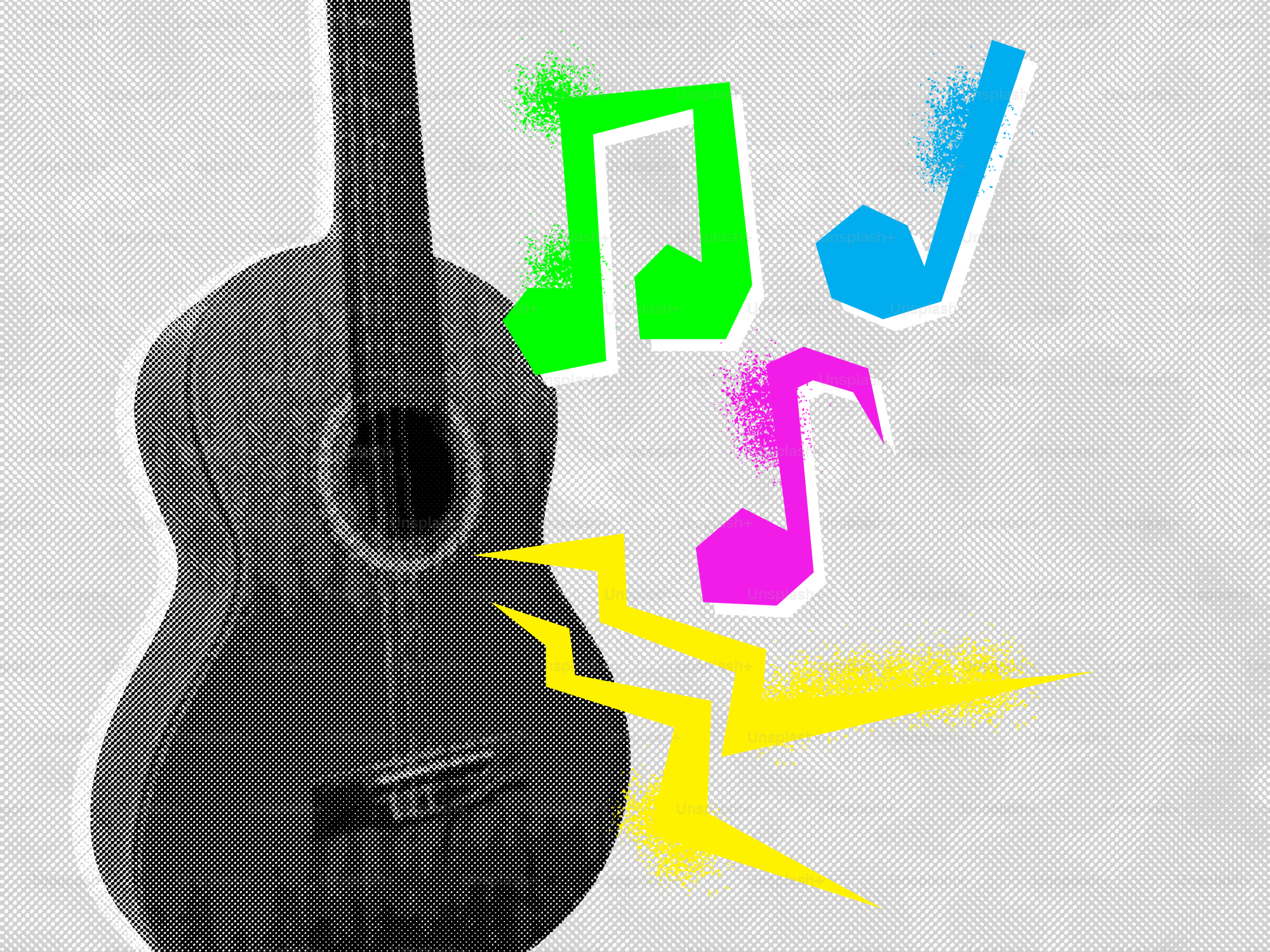 Akustikgitarre mit farbenfrohen Noten