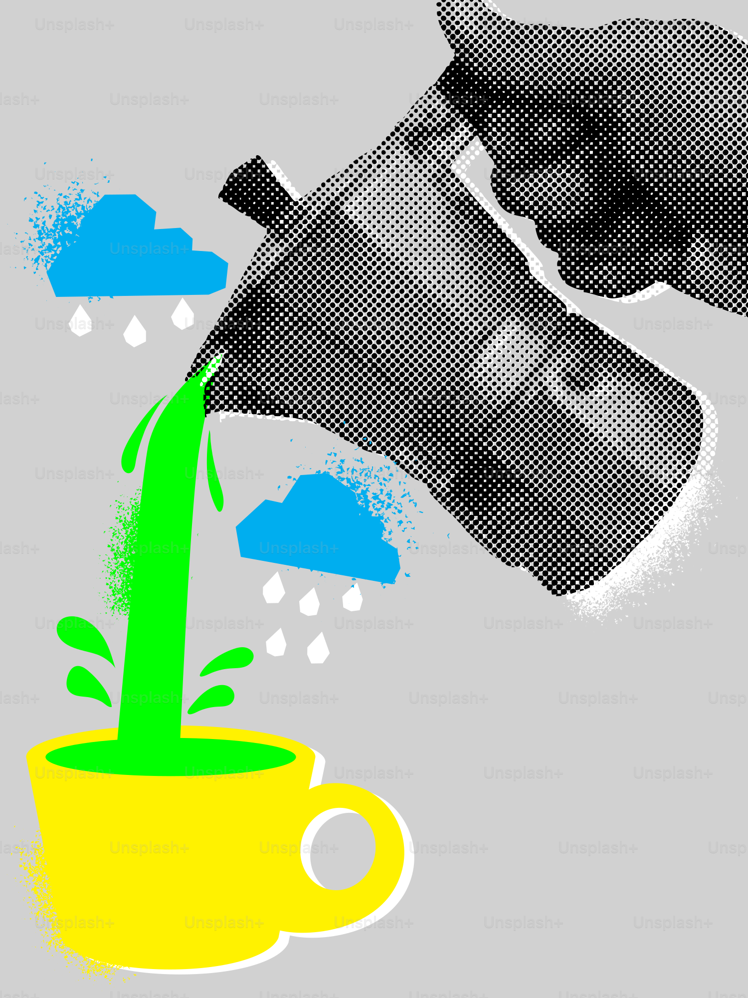 Grüne Flüssigkeit fließt aus der Kaffeekanne in eine gelbe Tasse