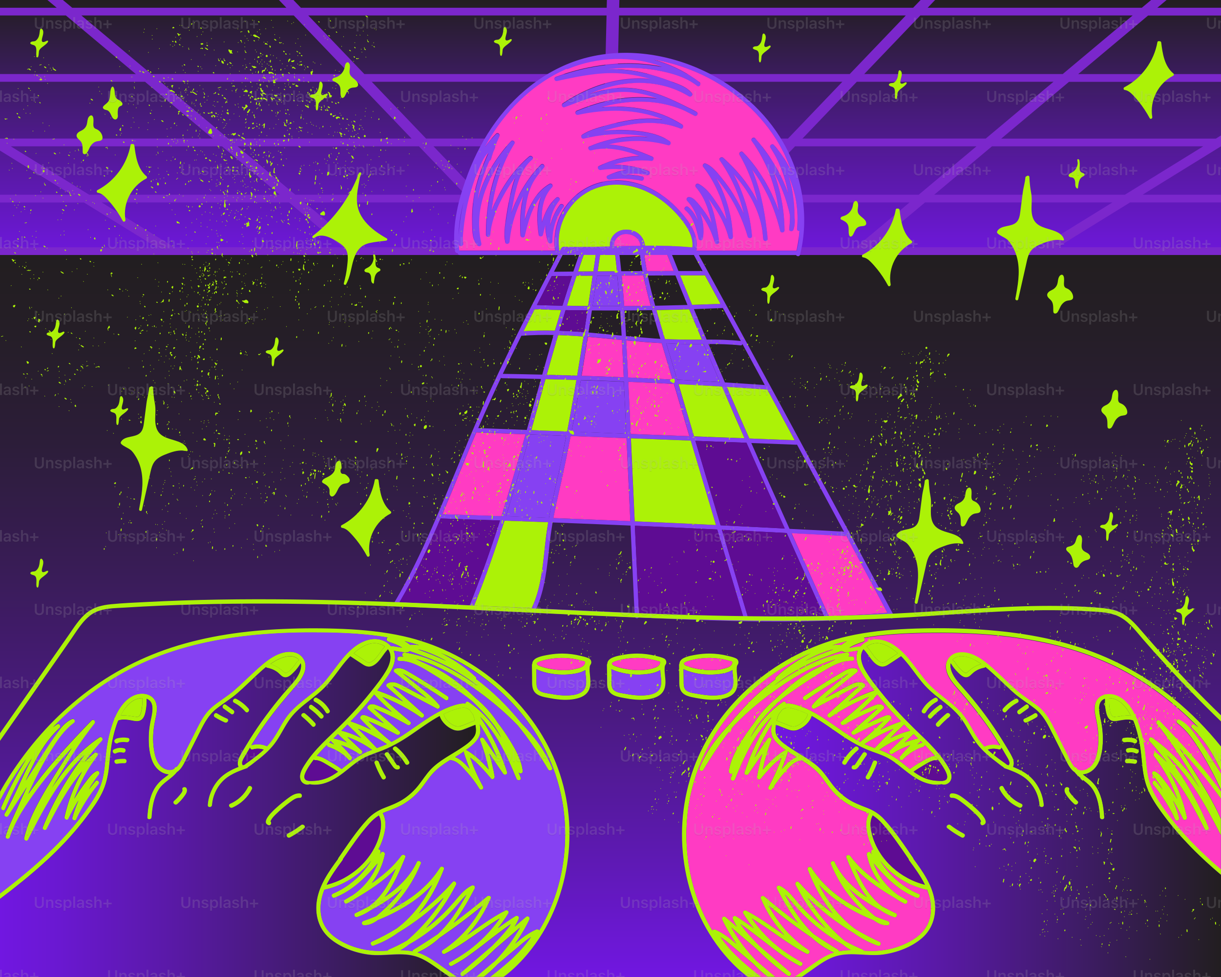 Hands playing arcade game with neon lights