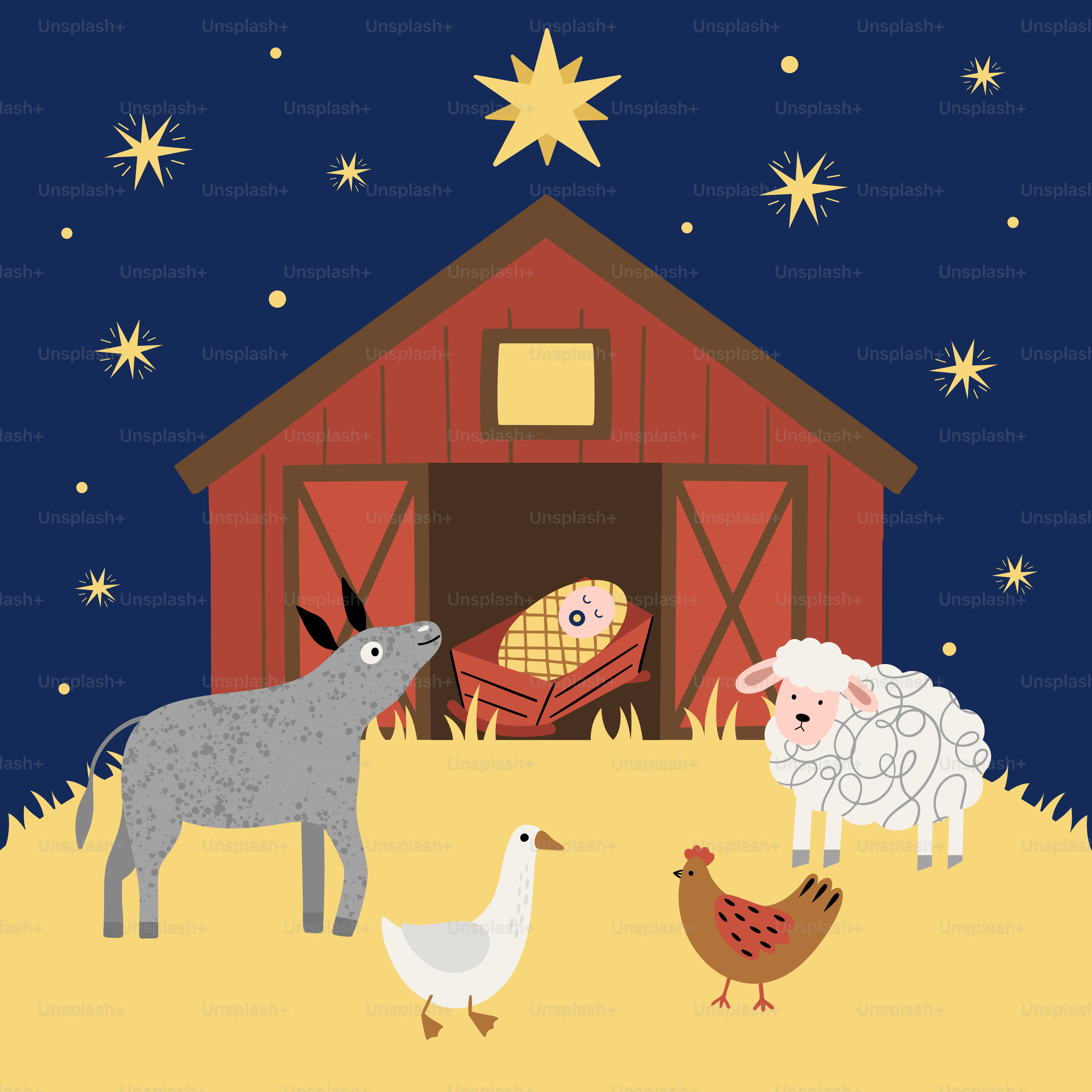 Nativity scene with farm animals and starry night