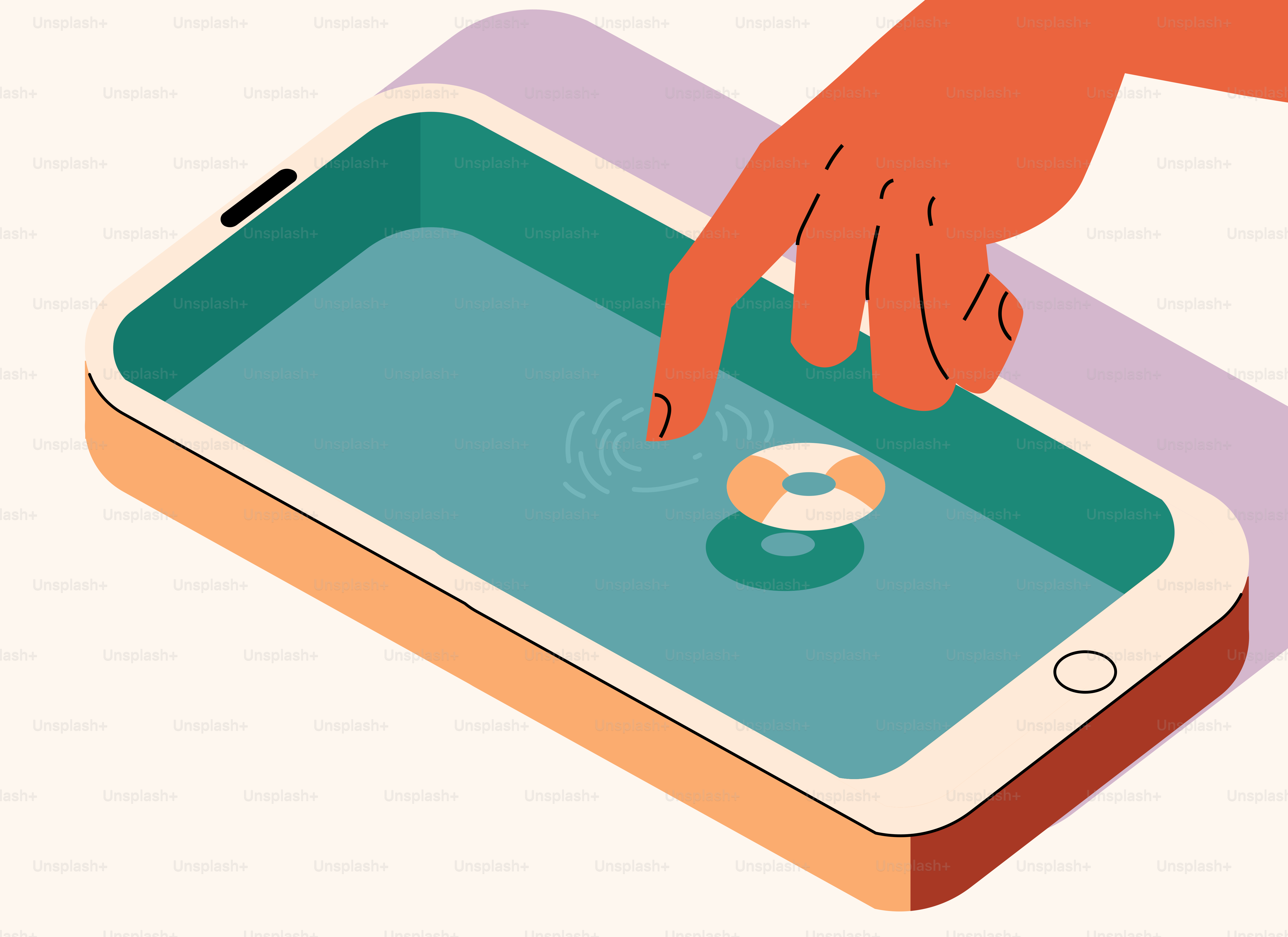 Finger touching water in smartphone pool with lifebuoy.