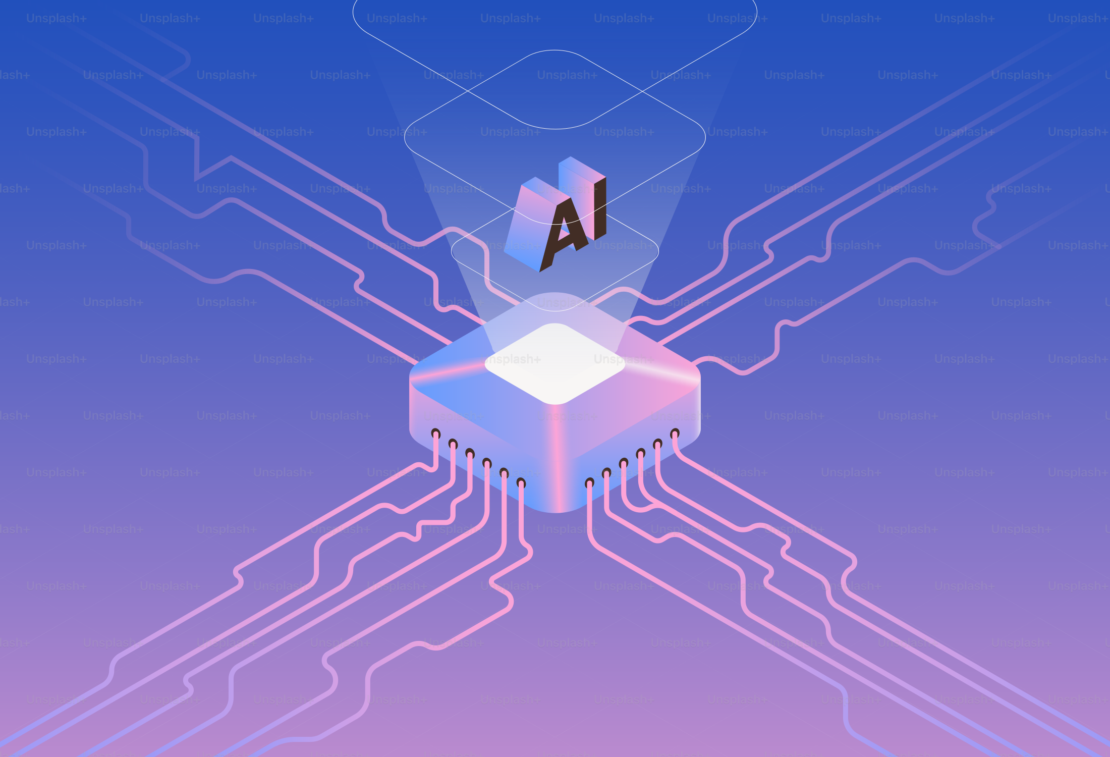 Chip de IA abstracto con circuitos y conexiones brillantes