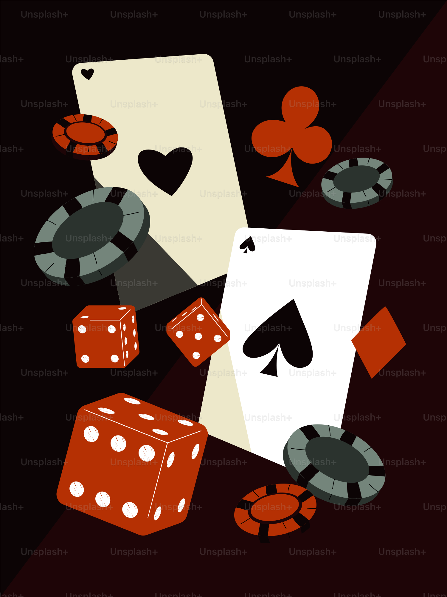 Playing cards, dice, and poker chips on dark background